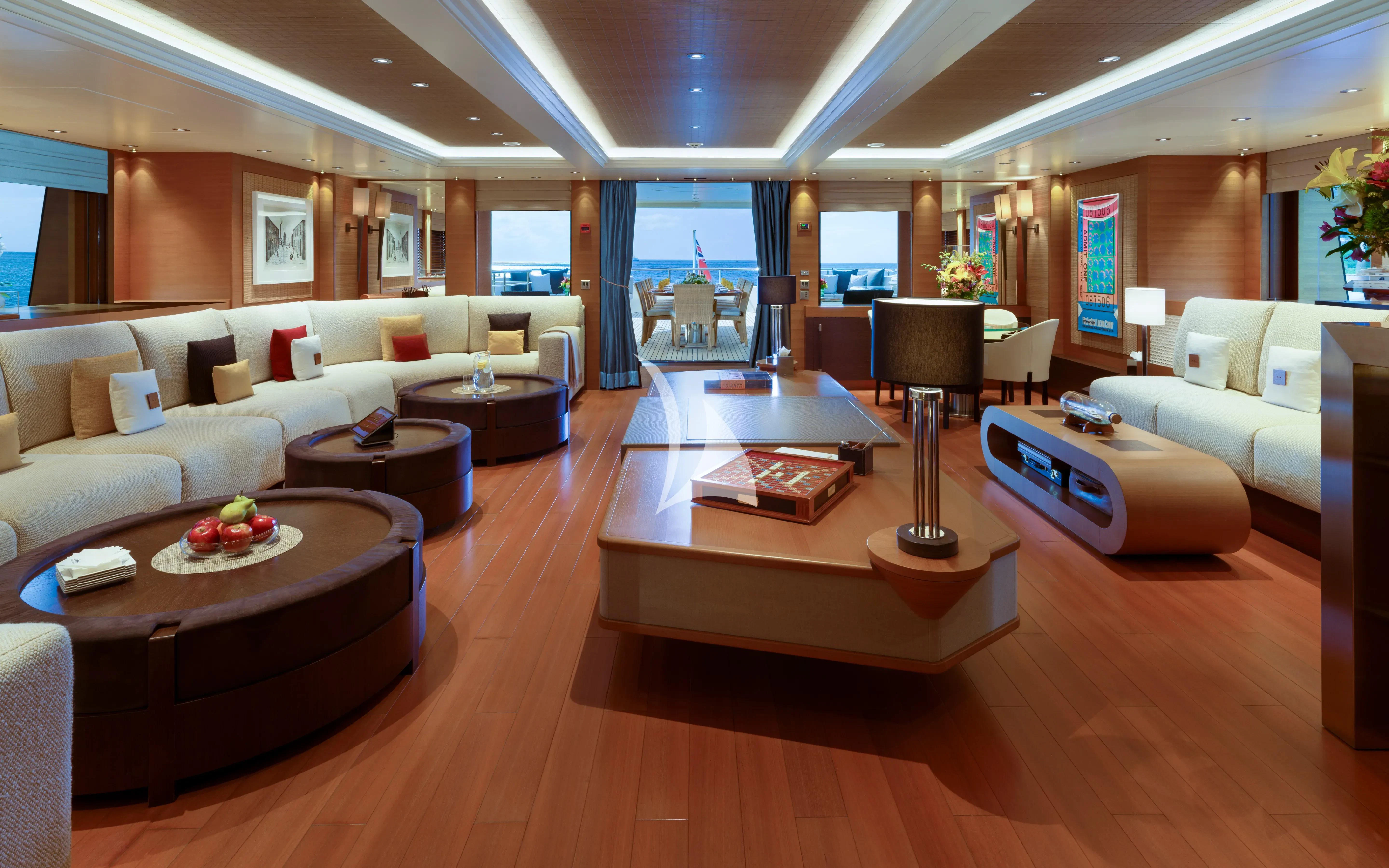 a living room with a large window aboard MARY-JEAN II Yacht for Sale