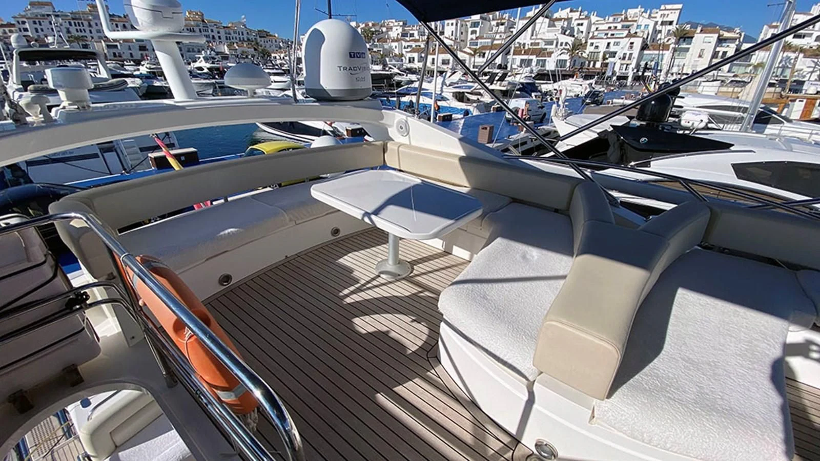 a row of boats in a harbor aboard LIO Yacht for Sale