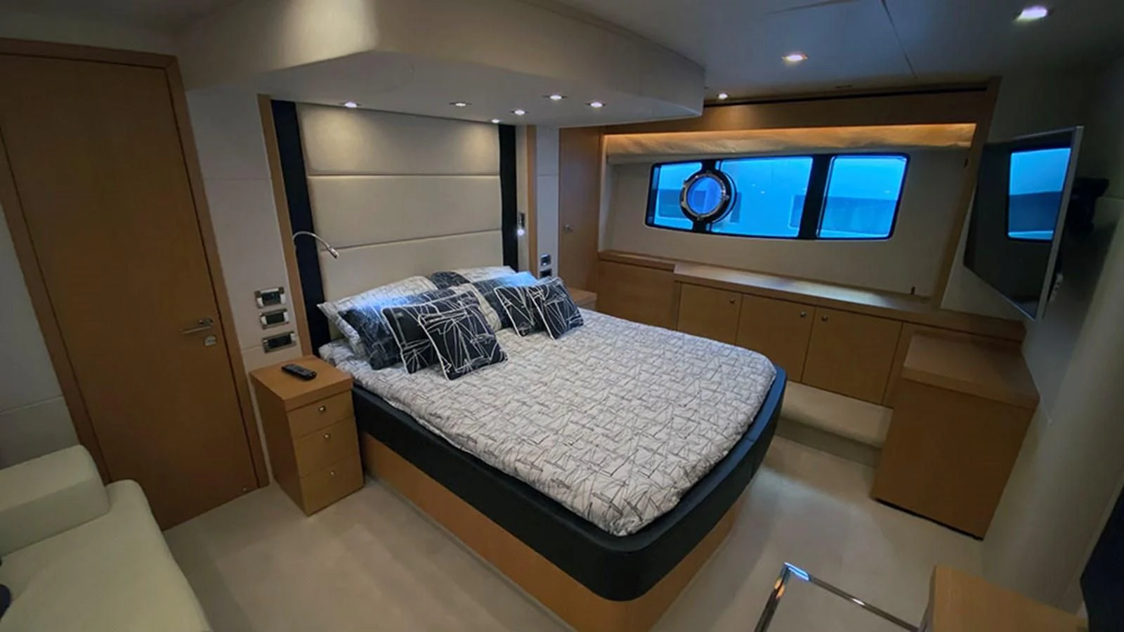 a bed in a room aboard LIO Yacht for Sale