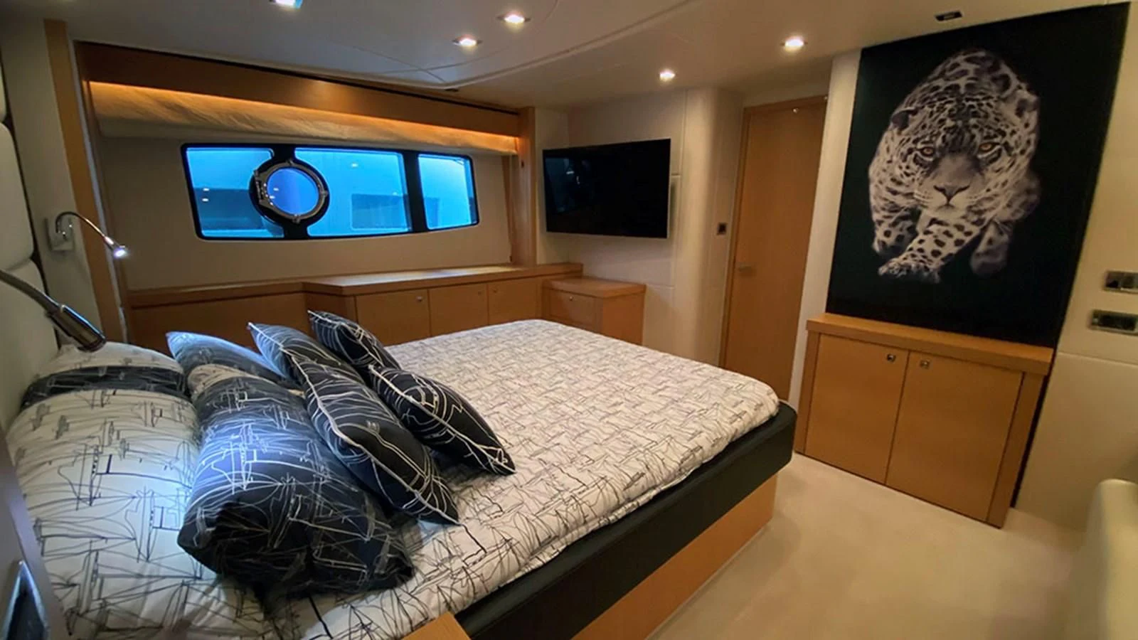 a bed in a room aboard LIO Yacht for Sale