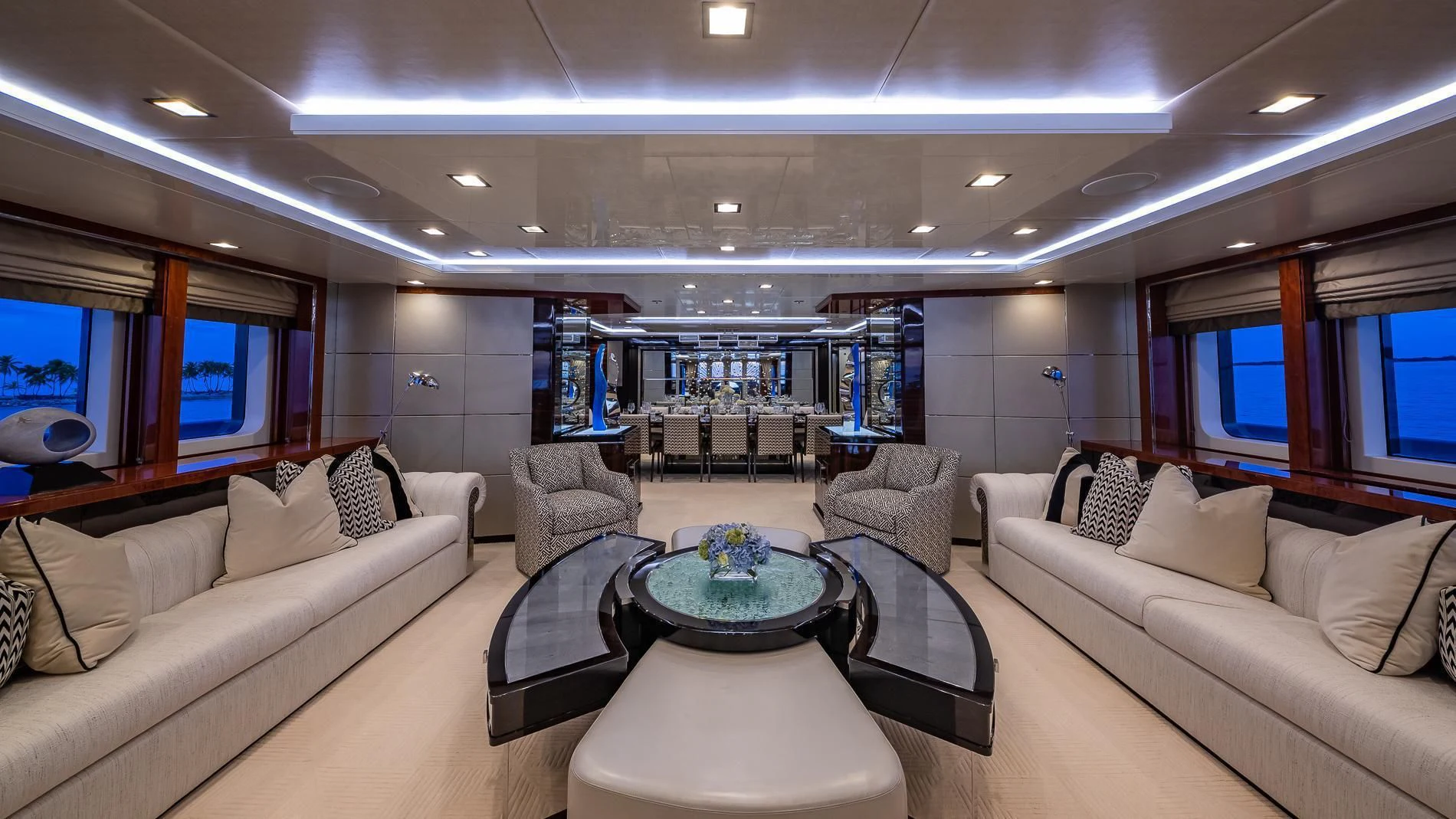 a living room with a large window aboard HOLDIN' MY OWN Yacht for Sale