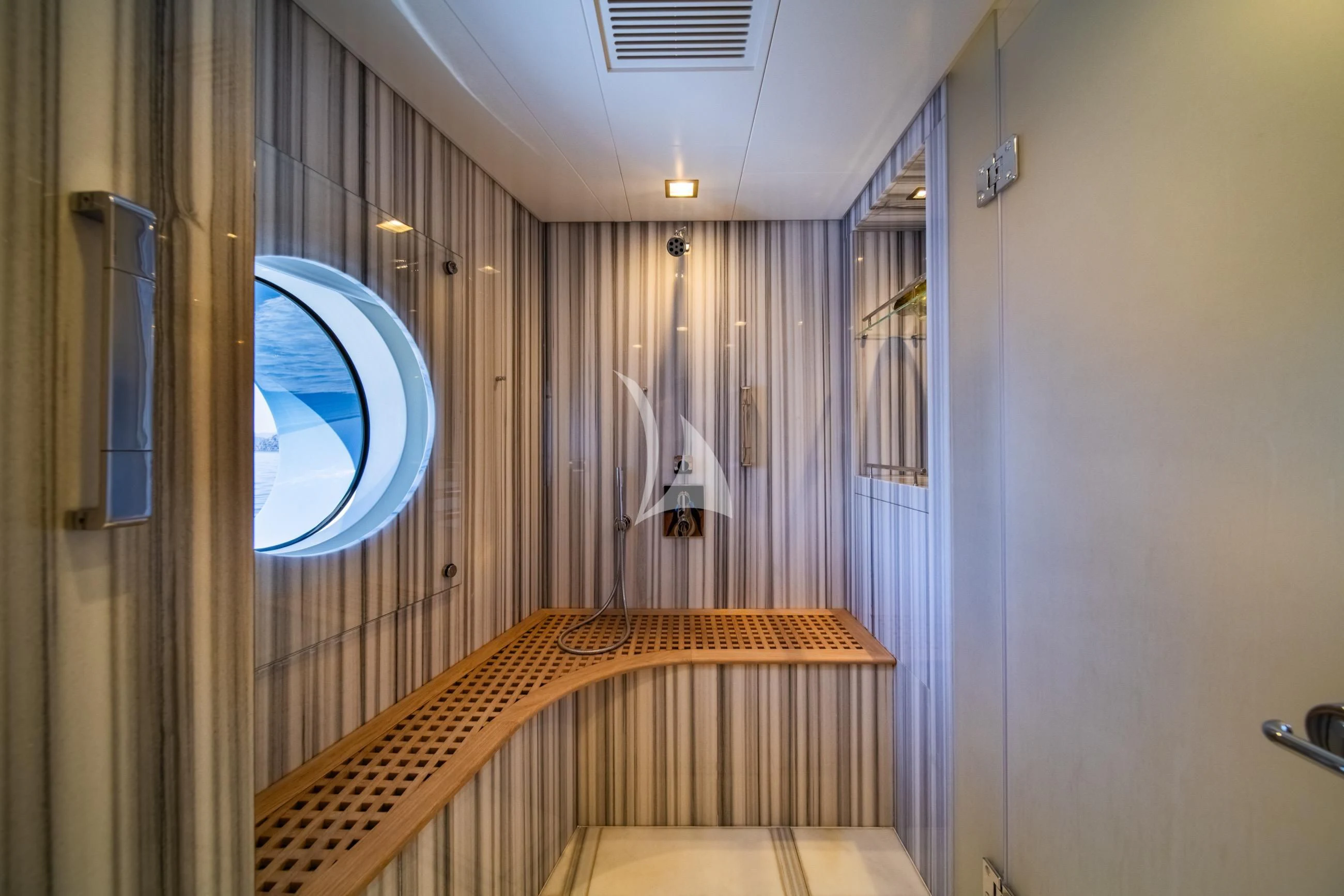 a bathroom with a bench aboard HOLDIN' MY OWN Yacht for Sale