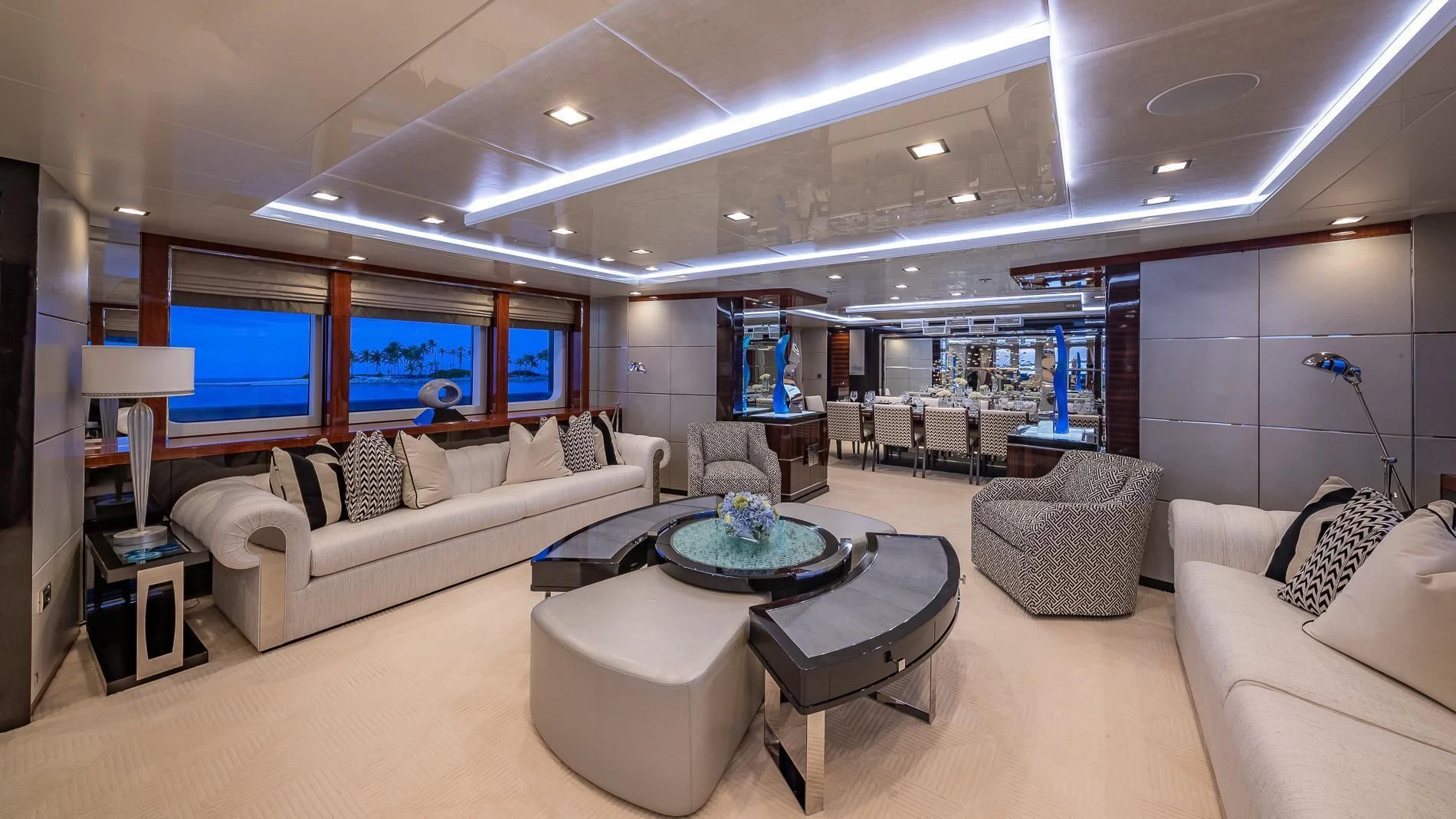 a living room with a large screen aboard HOLDIN' MY OWN Yacht for Sale