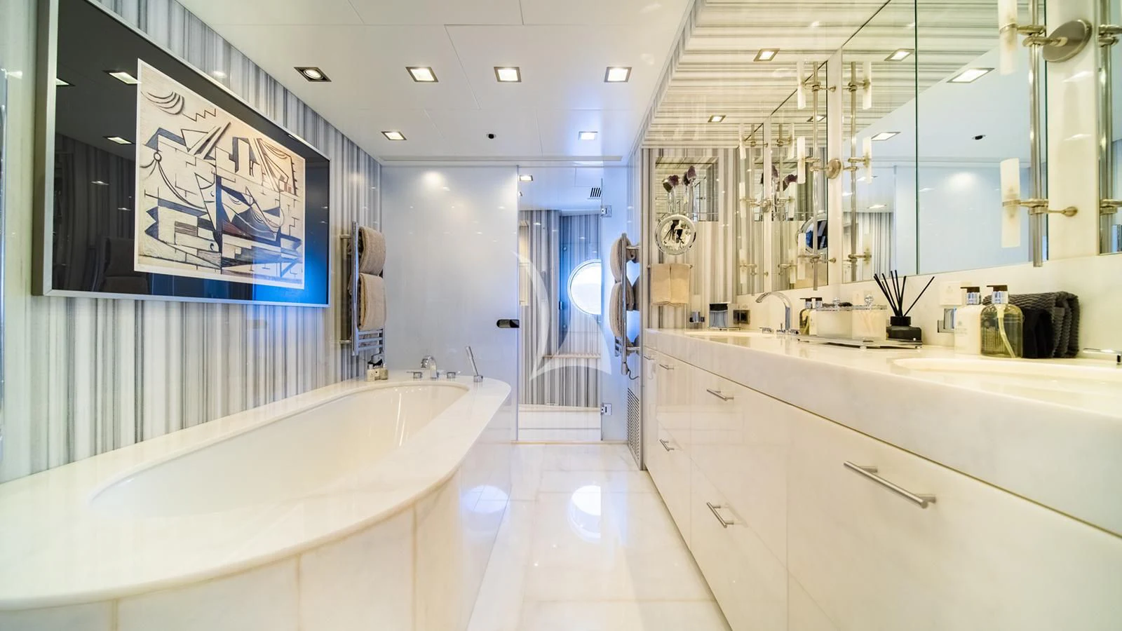 a bathroom with a large mirror aboard HOLDIN' MY OWN Yacht for Sale