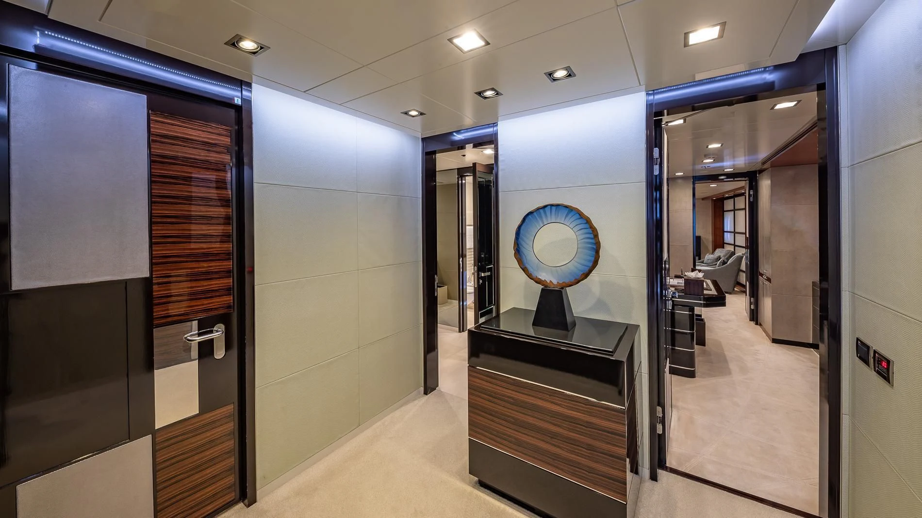 a hallway with doors and windows aboard HOLDIN' MY OWN Yacht for Sale
