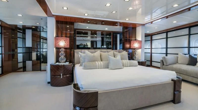a large bed in a room aboard HOLDIN' MY OWN Yacht for Sale