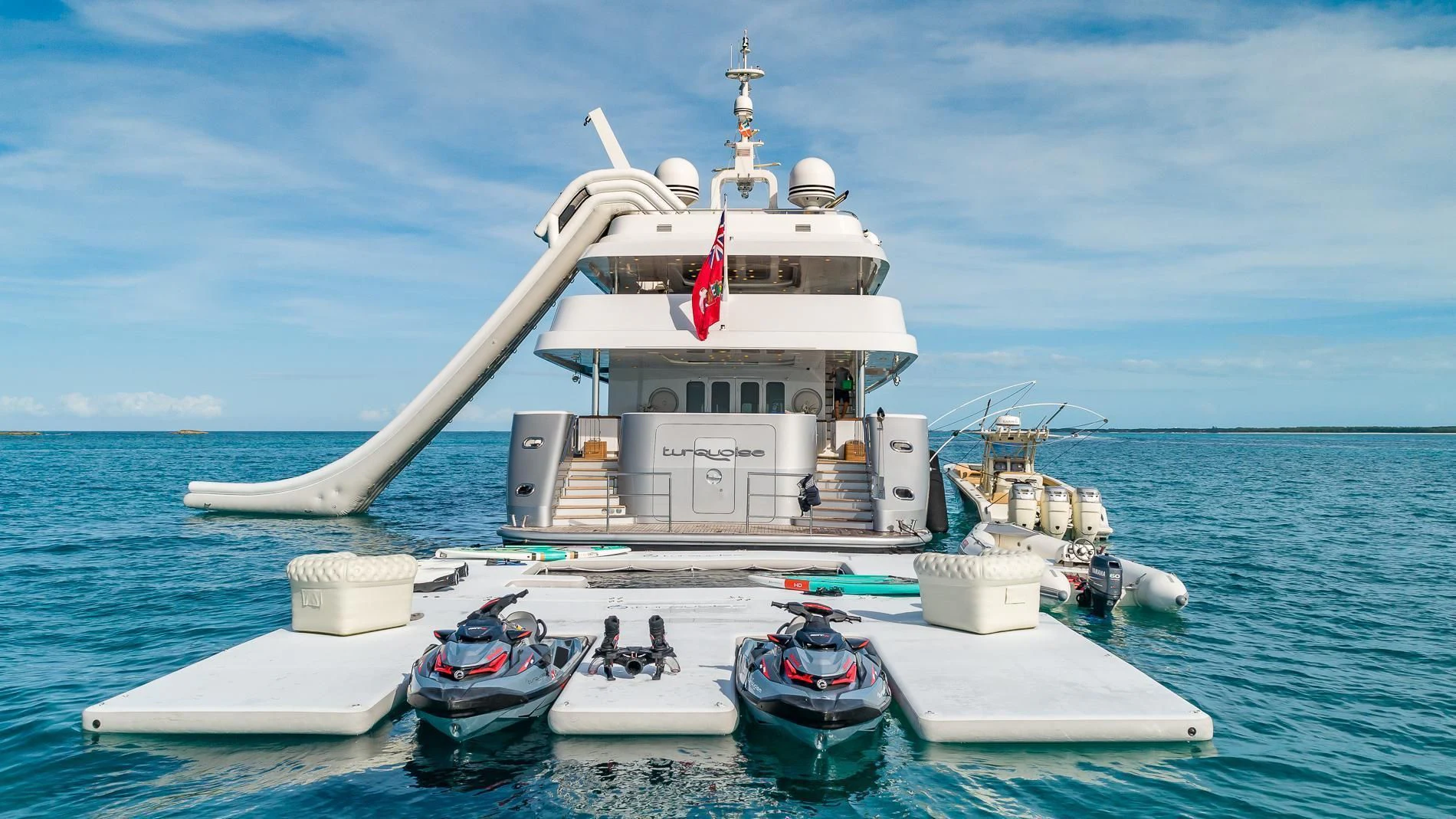 a large white boat with a large antenna on it aboard HOLDIN' MY OWN Yacht for Sale