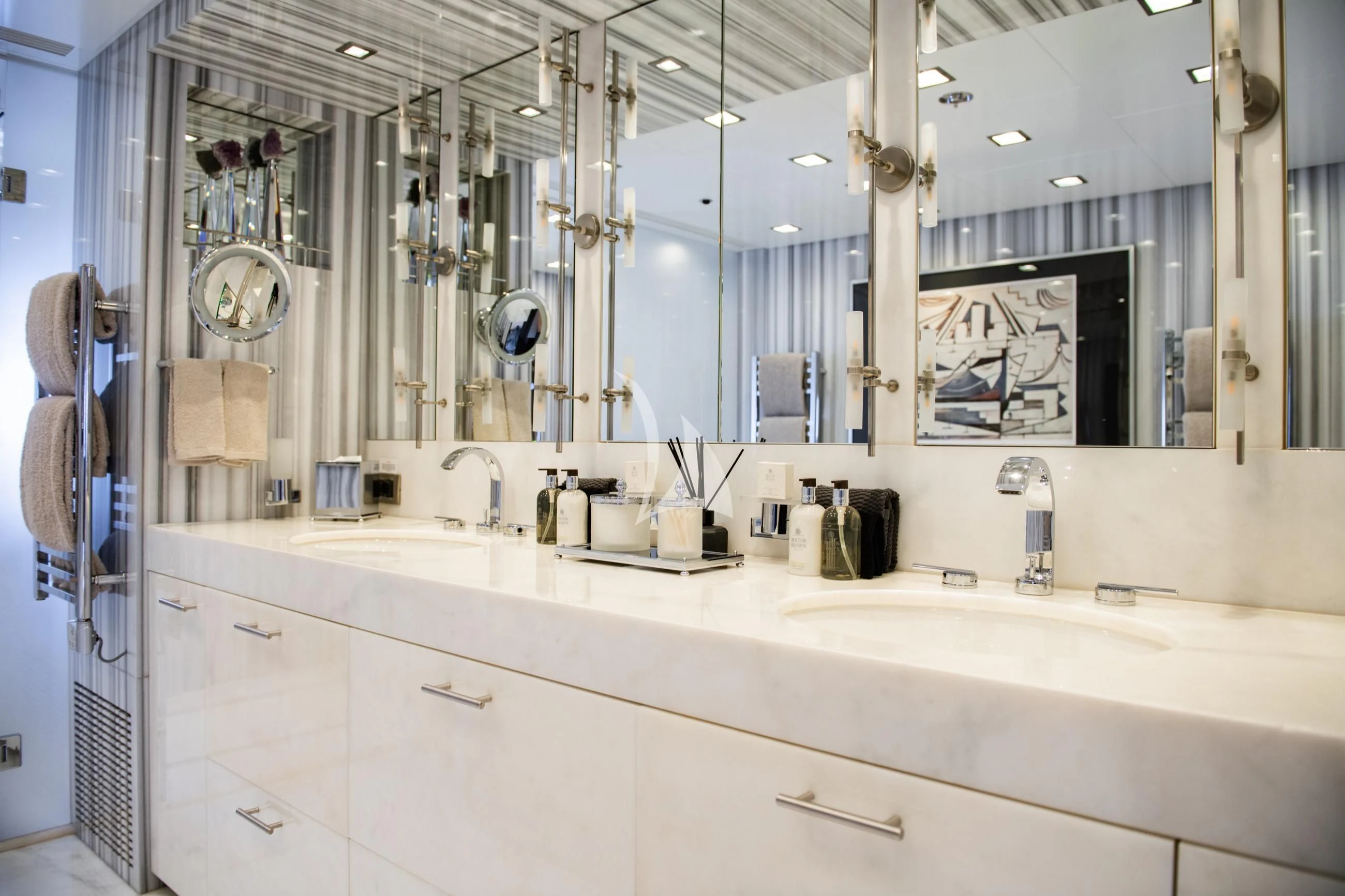 a bathroom with a large mirror aboard HOLDIN' MY OWN Yacht for Sale