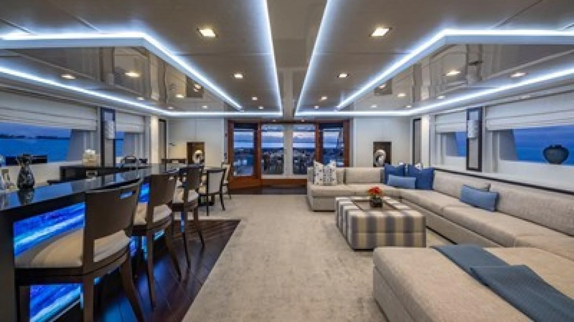 a living room with a large window aboard HOLDIN' MY OWN Yacht for Sale