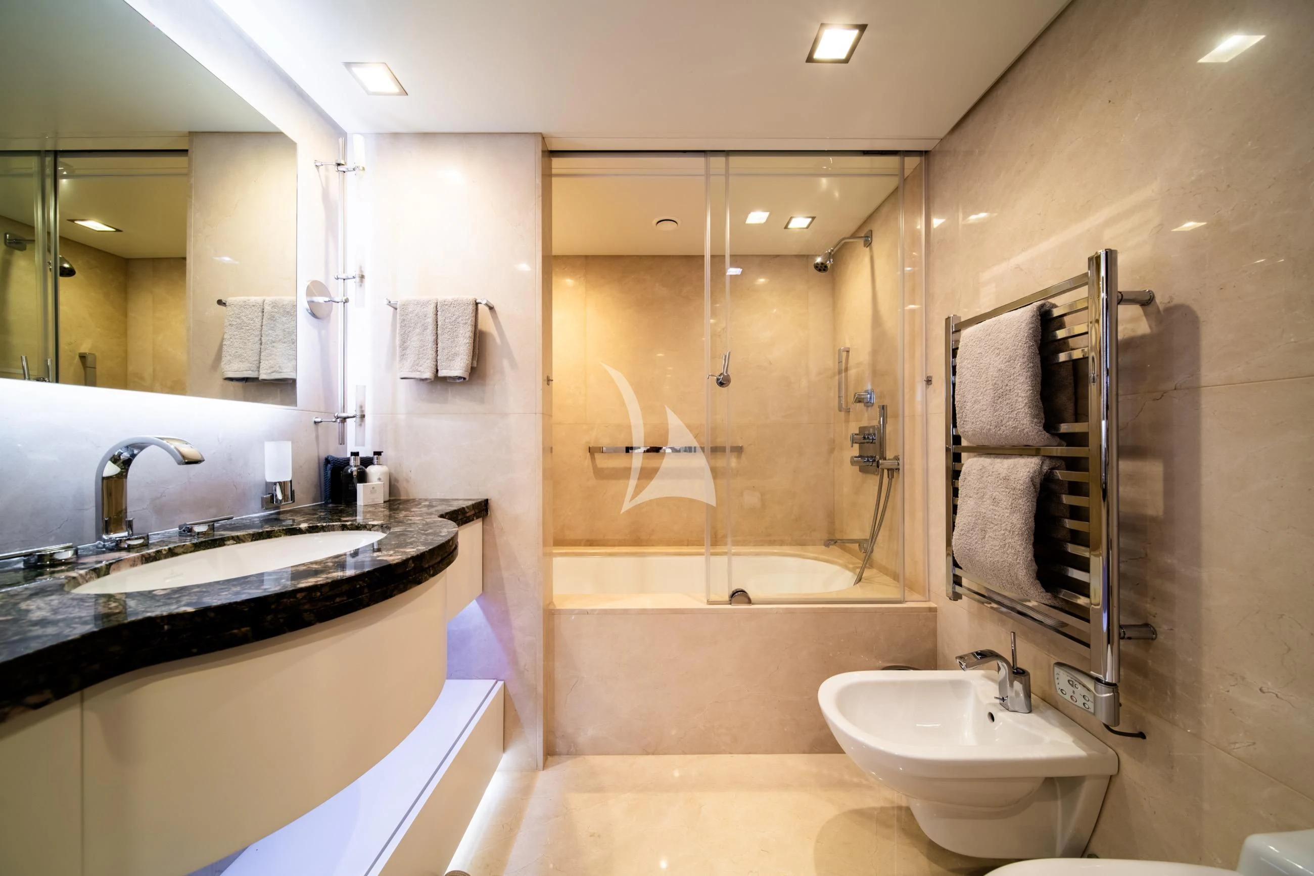 a bathroom with a glass shower aboard HOLDIN' MY OWN Yacht for Sale