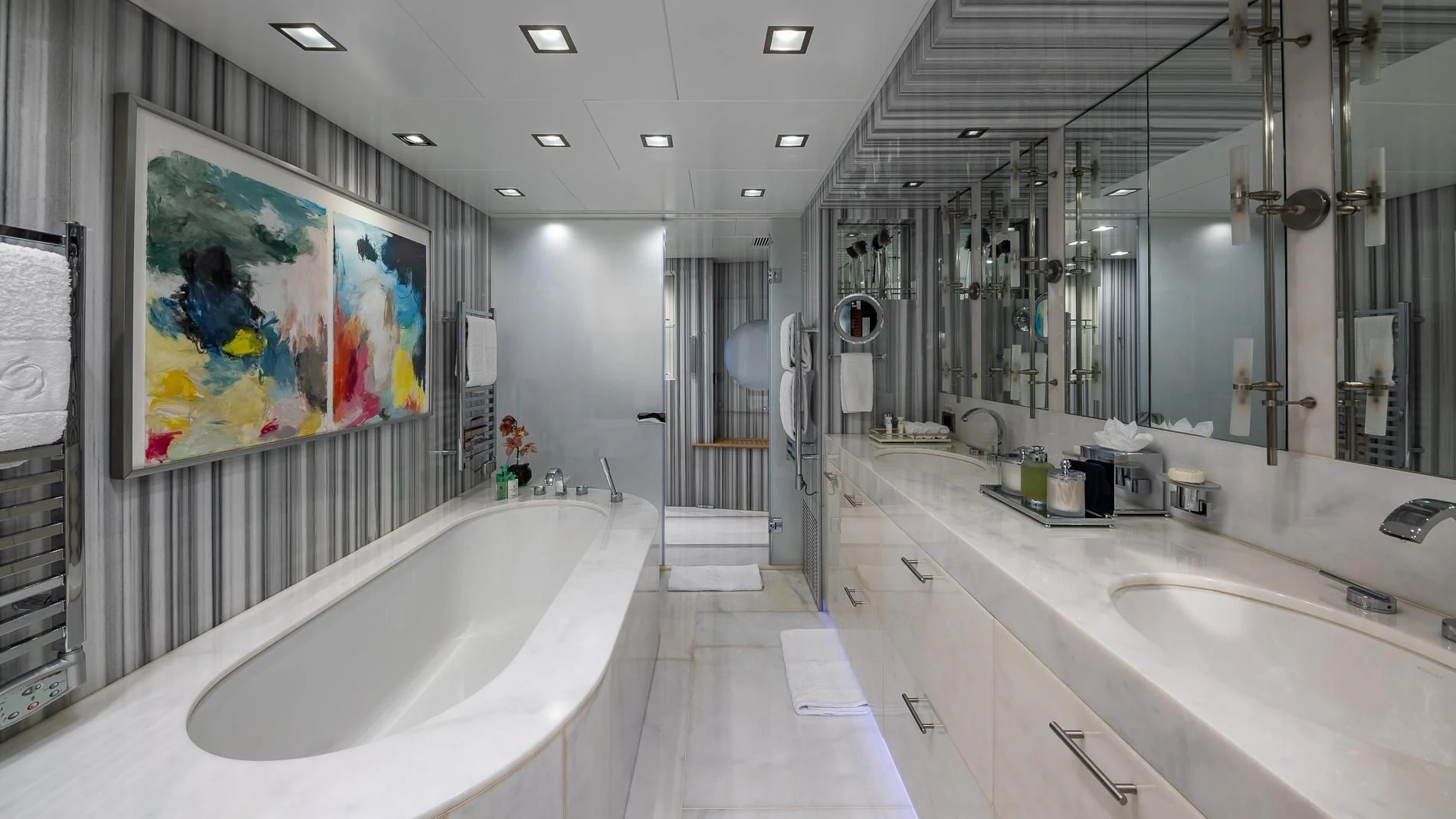 a bathroom with a large mirror aboard HOLDIN' MY OWN Yacht for Sale