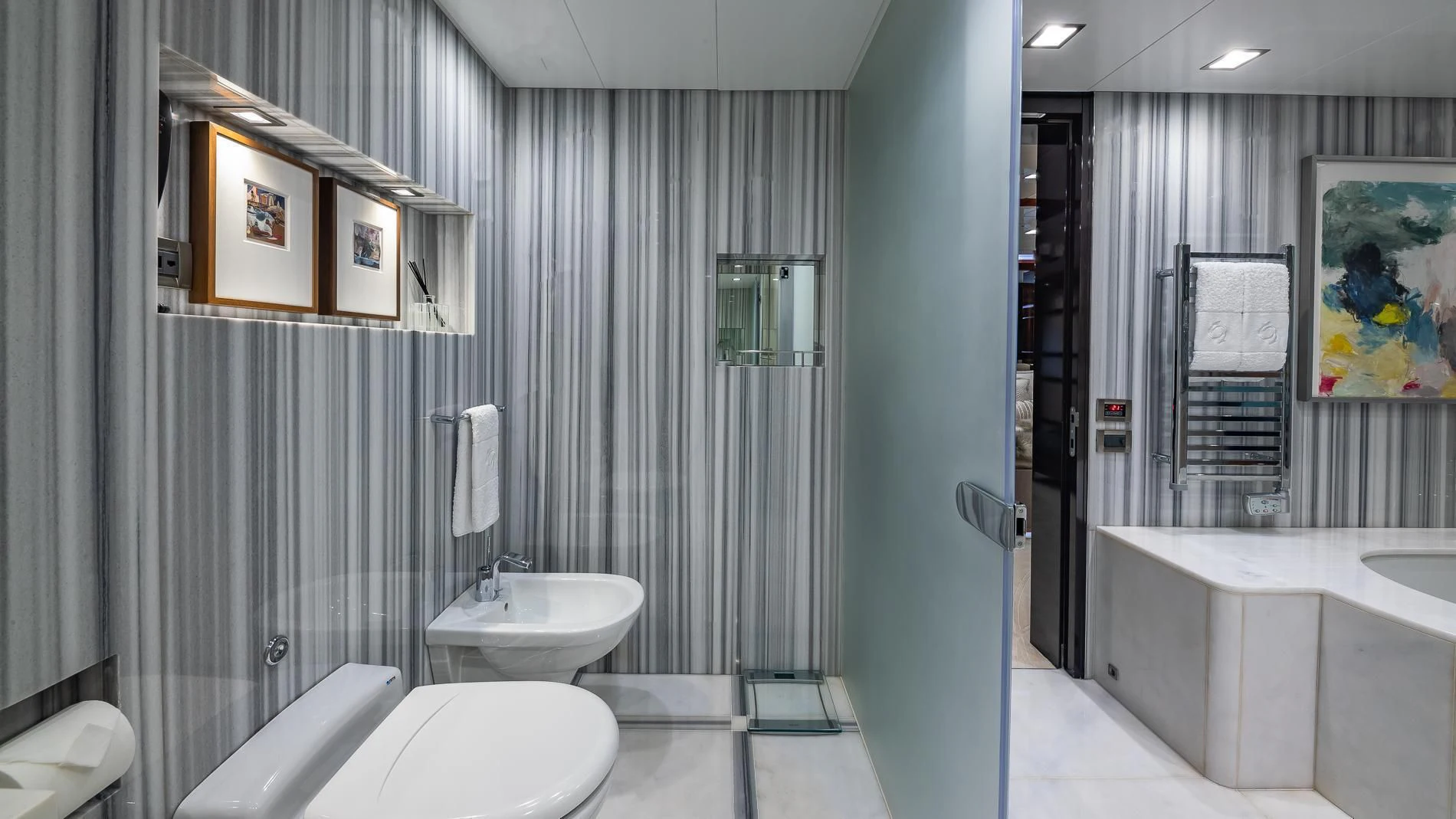 a bathroom with a sink and a shower aboard HOLDIN' MY OWN Yacht for Sale