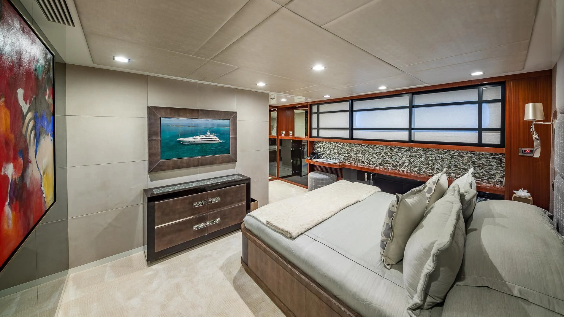 a large bedroom with a large bed aboard HOLDIN' MY OWN Yacht for Sale