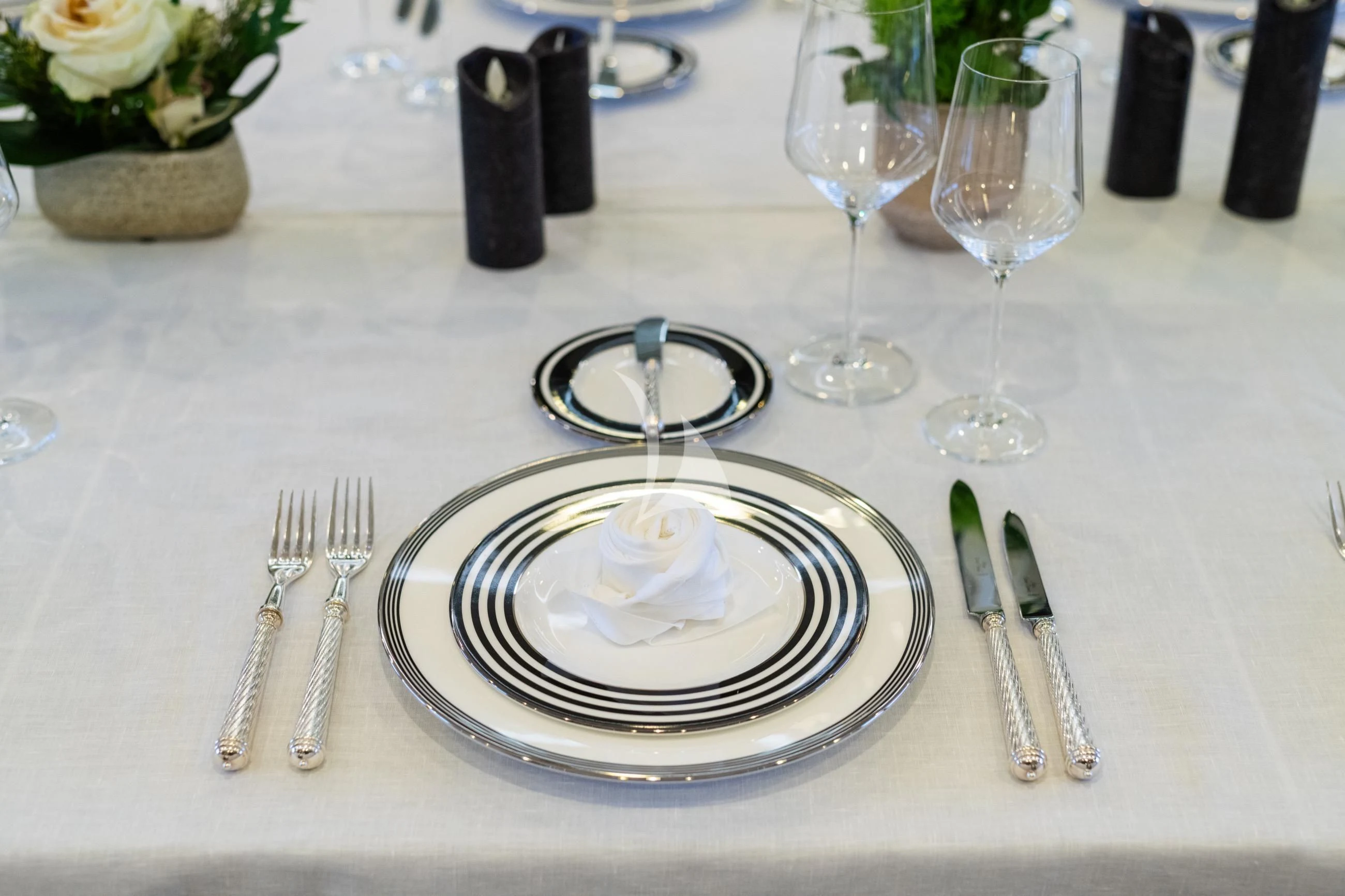 a plate with a glass and silverware on it aboard HOLDIN' MY OWN Yacht for Sale