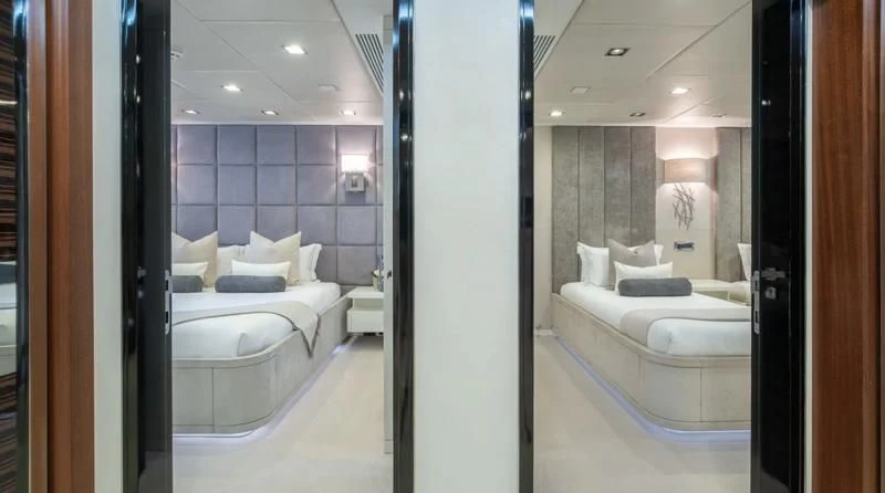 a bathroom with a large mirror aboard HOLDIN' MY OWN Yacht for Sale