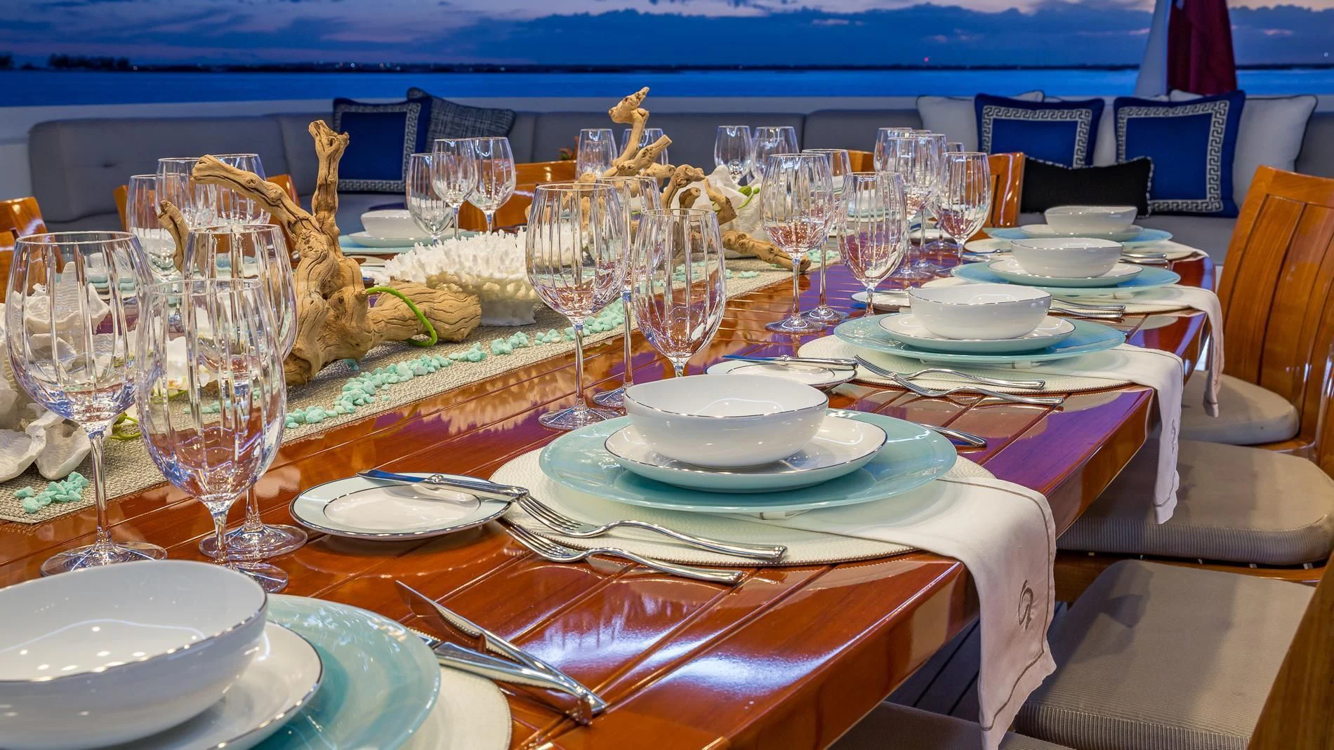 a table set for a dinner aboard HOLDIN' MY OWN Yacht for Sale