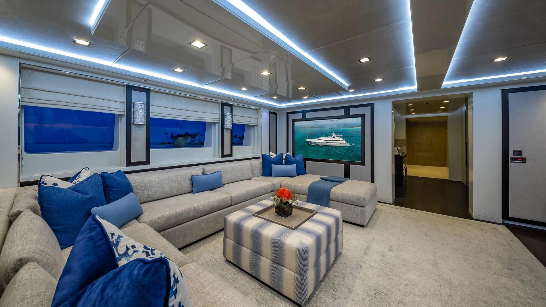 a living room with a couch and a tv aboard HOLDIN' MY OWN Yacht for Sale