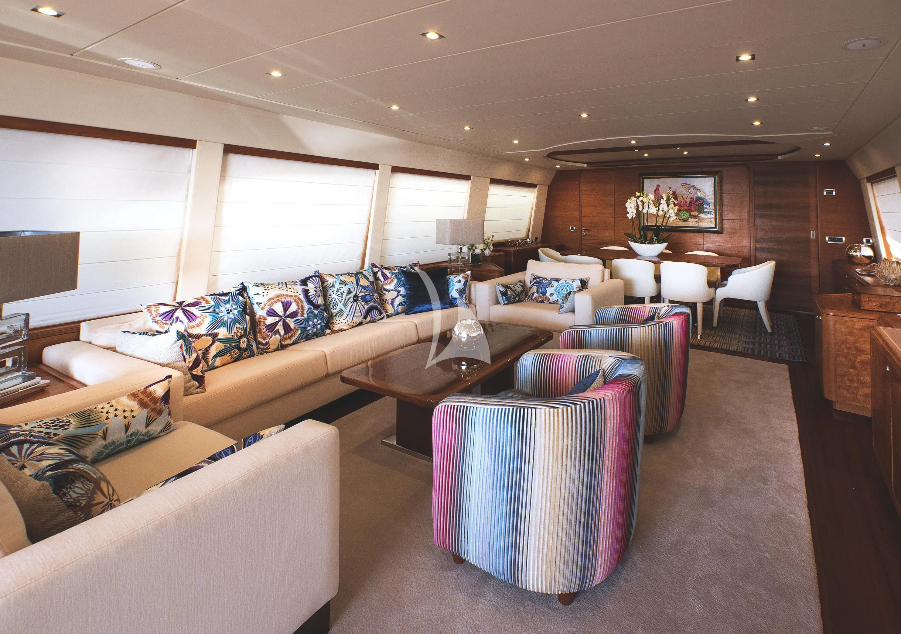 a living room with a large window aboard LADY EMMA Yacht for Sale