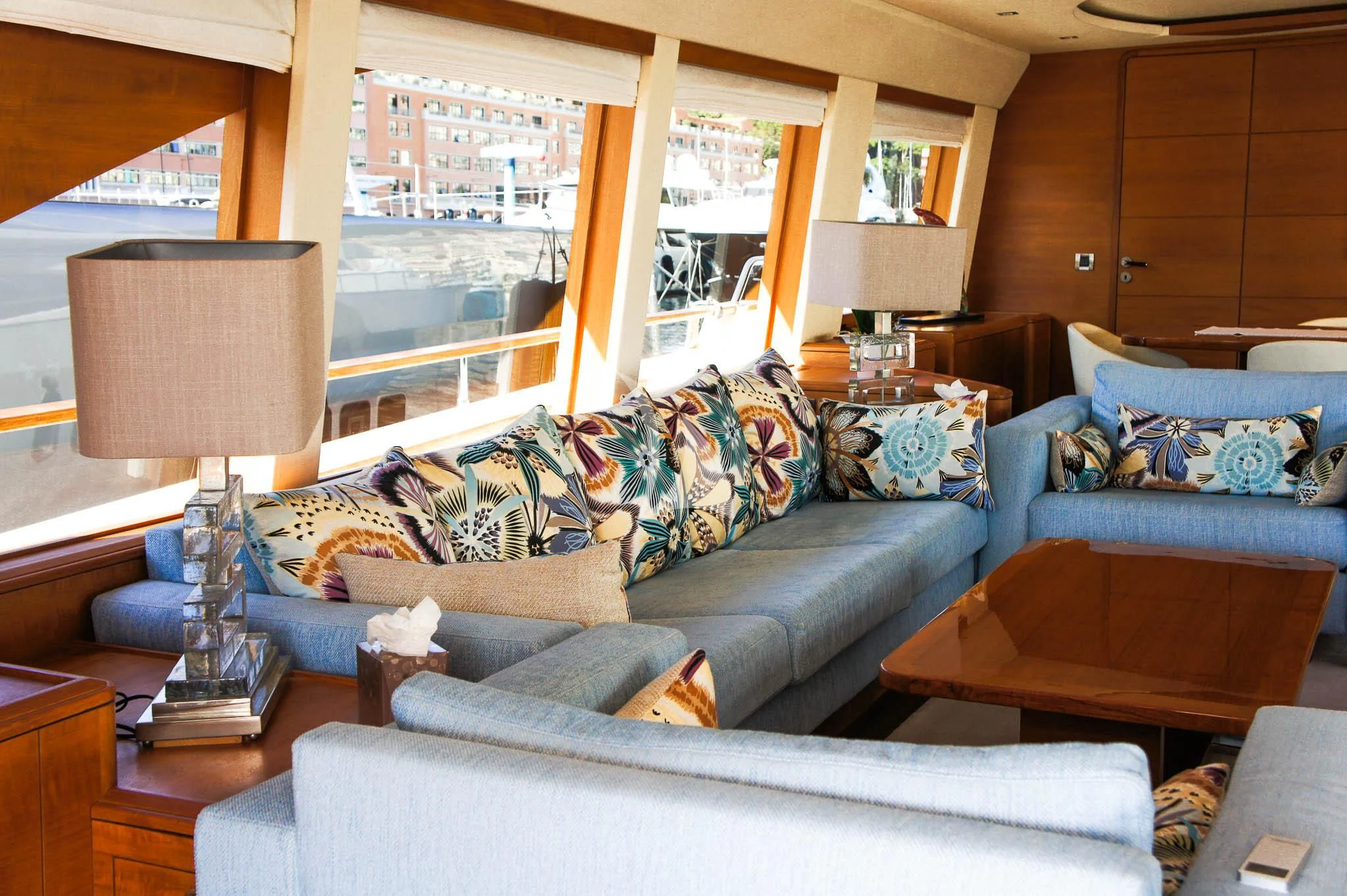a living room with a large window aboard LADY EMMA Yacht for Sale