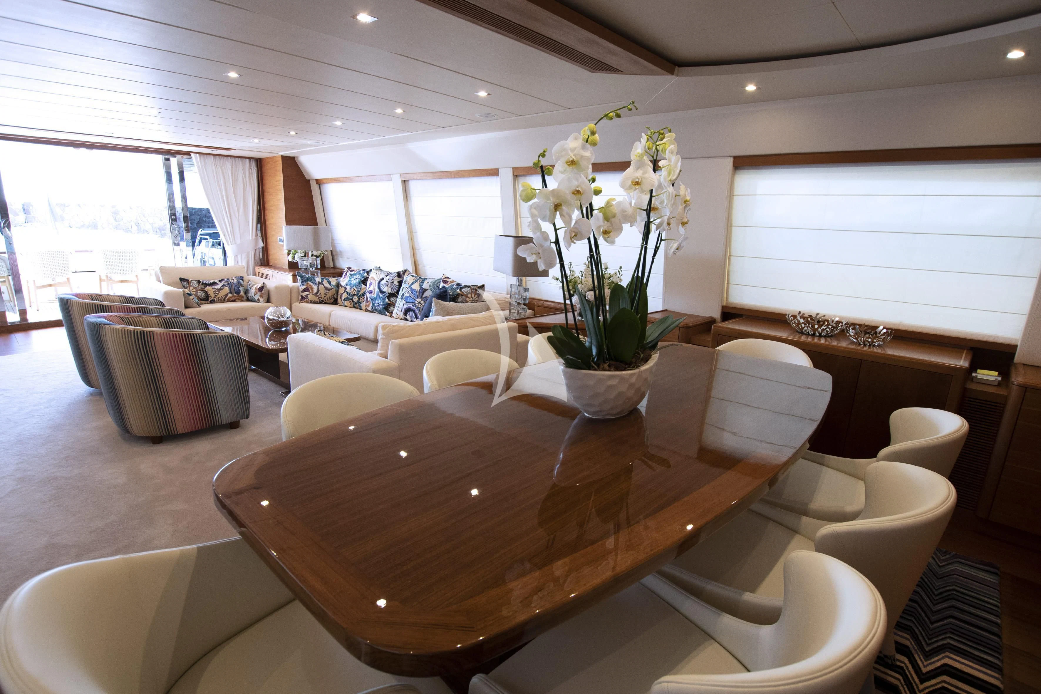 a room with tables and chairs aboard LADY EMMA Yacht for Sale