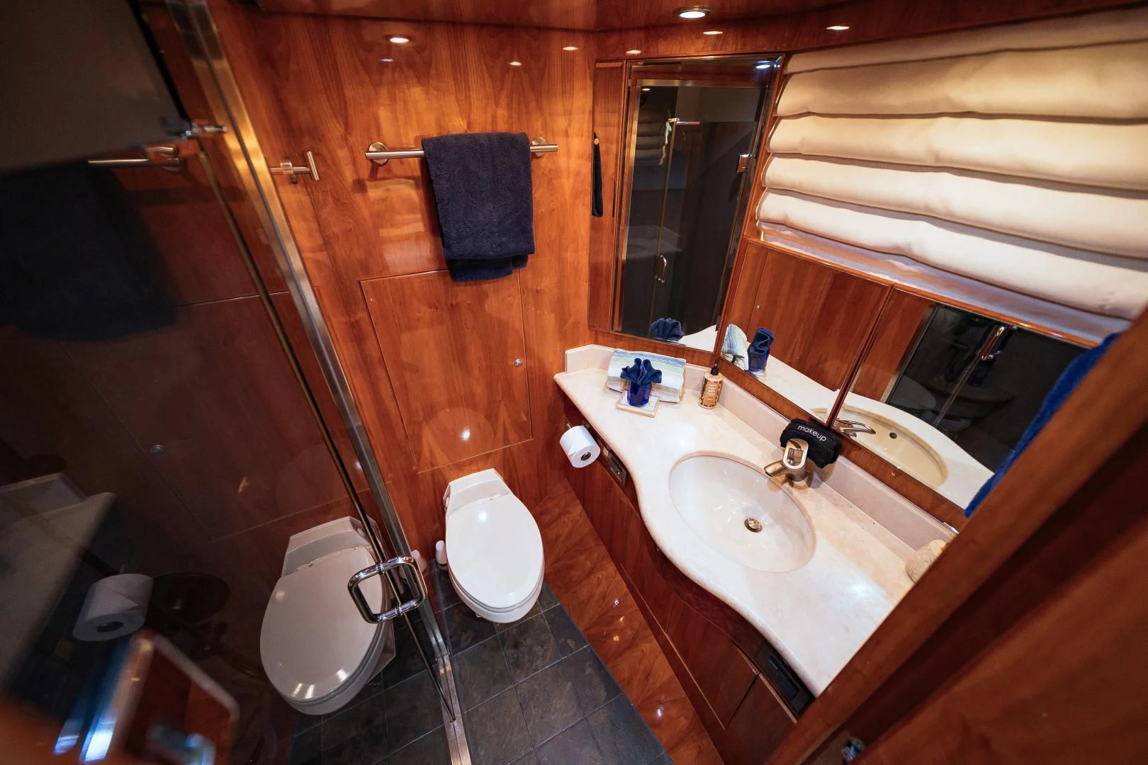 a bathroom with a standup shower aboard DREAM ON Yacht for Sale
