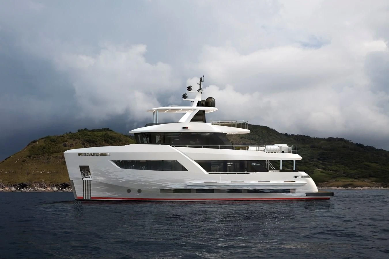 a white boat on water aboard BERING 88/05 Yacht for Sale