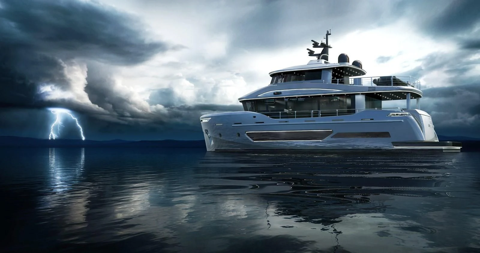 a white boat on water aboard BERING 88/05 Yacht for Sale