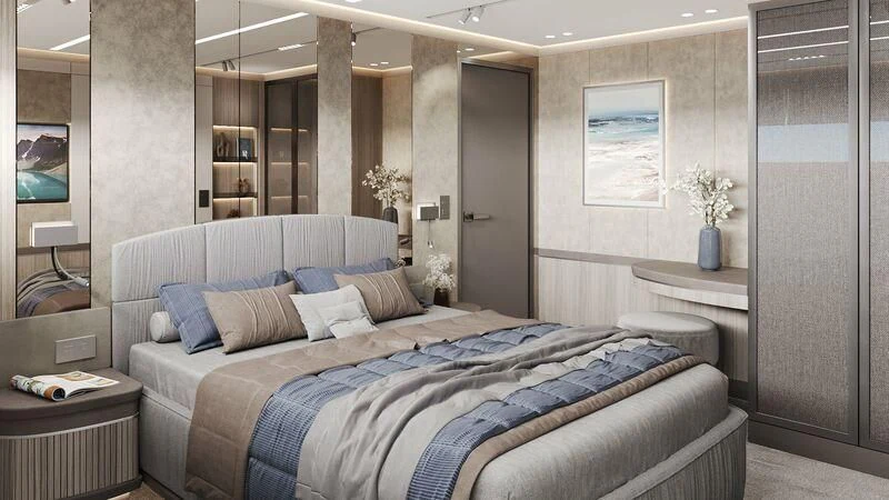 a bed in a room aboard BERING 88/05 Yacht for Sale