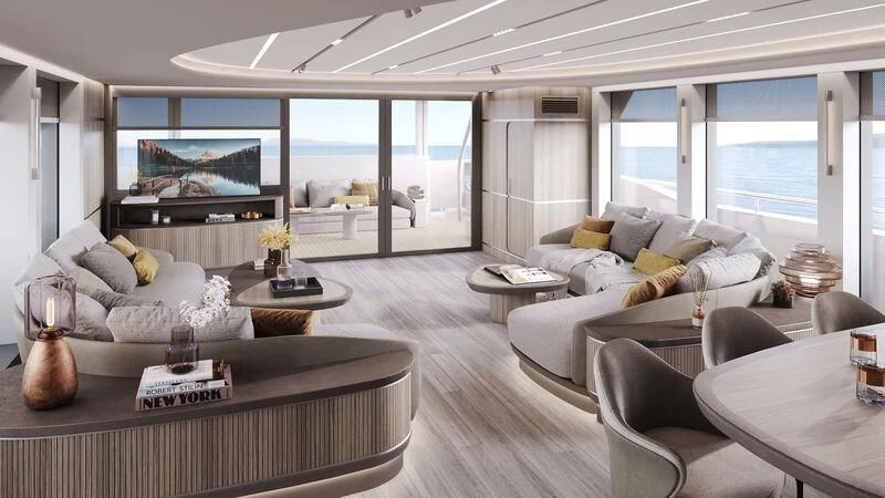 a living room with a large window aboard BERING 88/05 Yacht for Sale