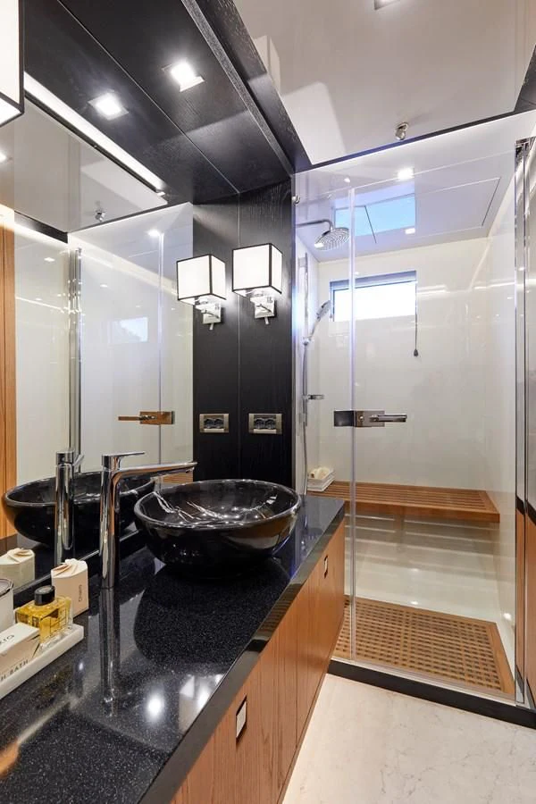 a kitchen with a glass shower aboard BERING 88/05 Yacht for Sale