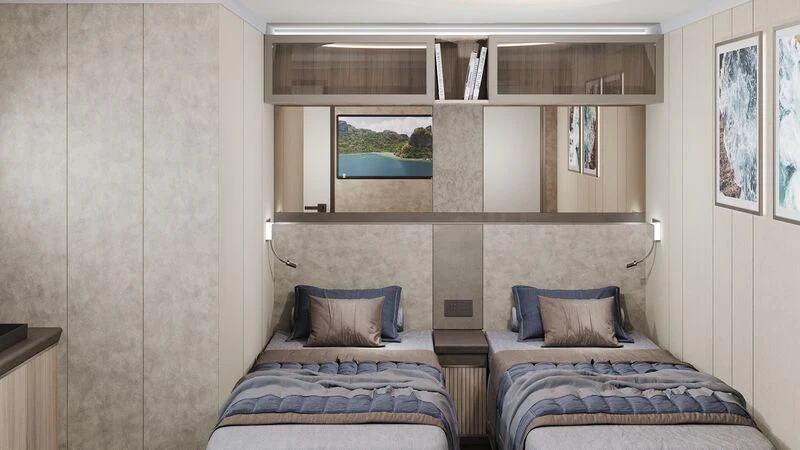 a room with a bed and a mirror aboard BERING 88/05 Yacht for Sale