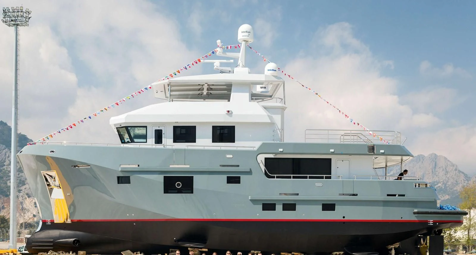 a boat with a red and white stripe aboard BERING 88/05 Yacht for Sale
