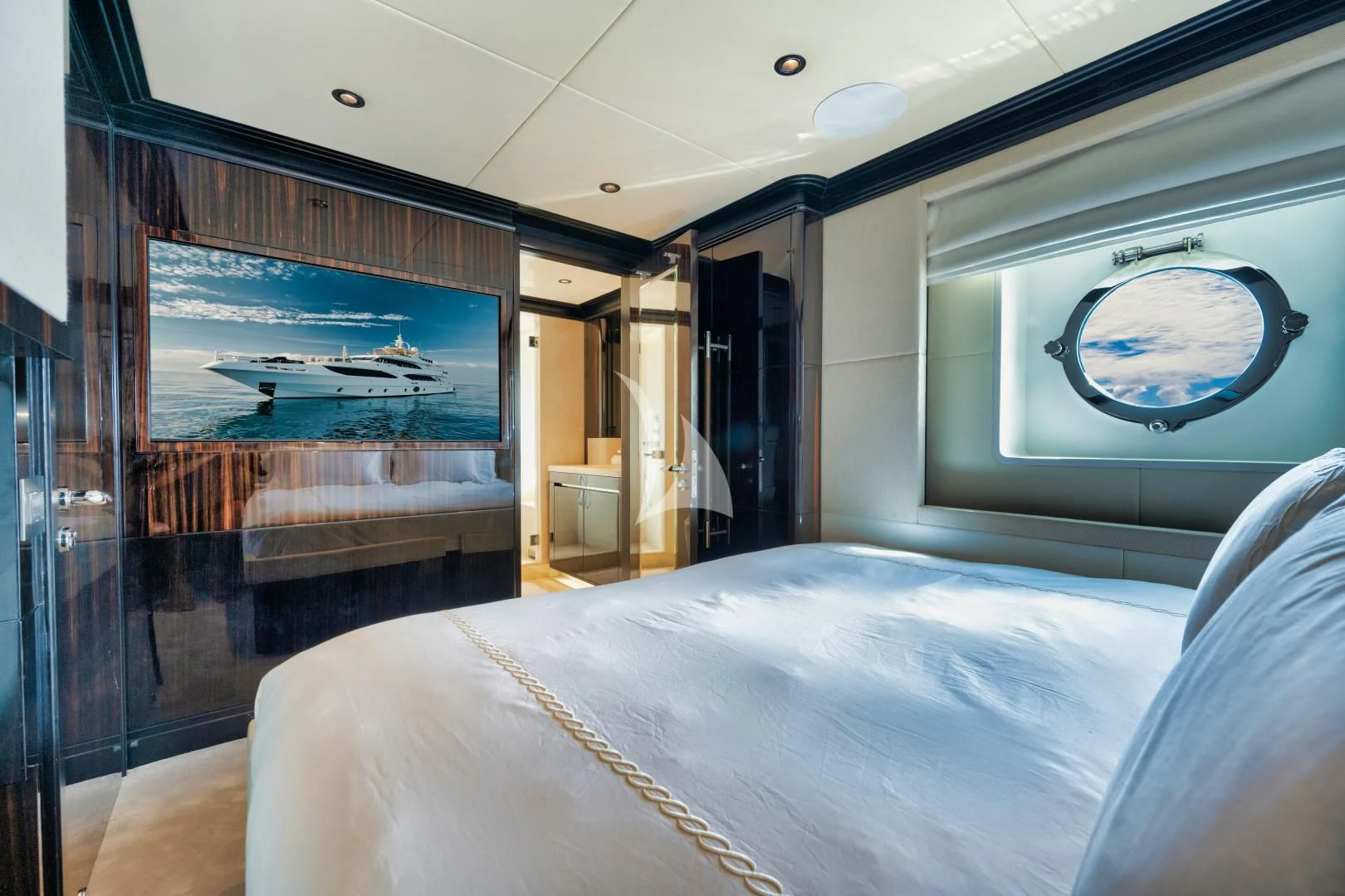 a bed in a room aboard PERSISTENCE Yacht for Sale