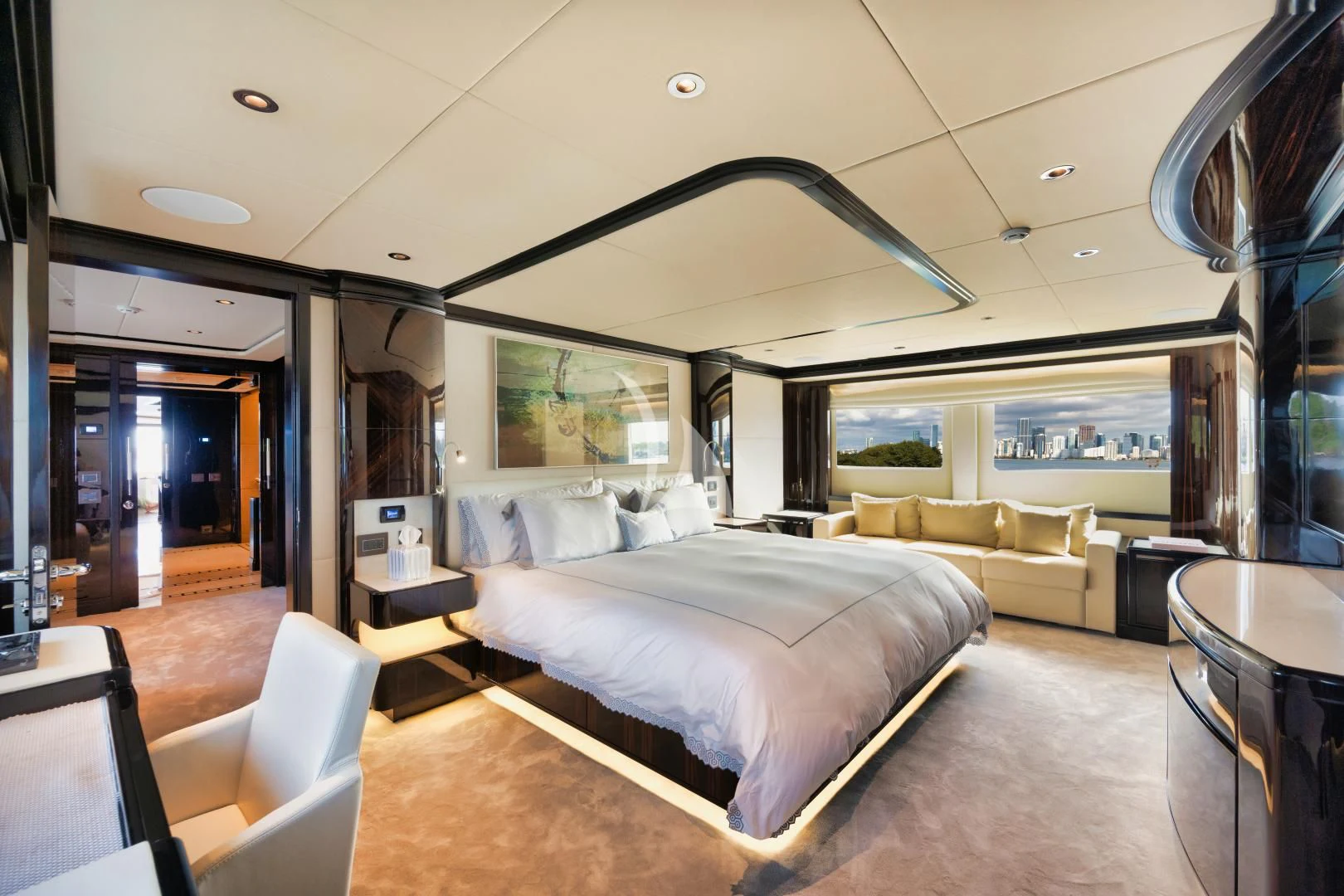 a large bedroom with a large bed aboard PERSISTENCE Yacht for Sale