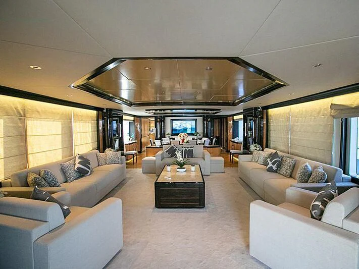 a living room with a large ceiling aboard PERSISTENCE Yacht for Sale