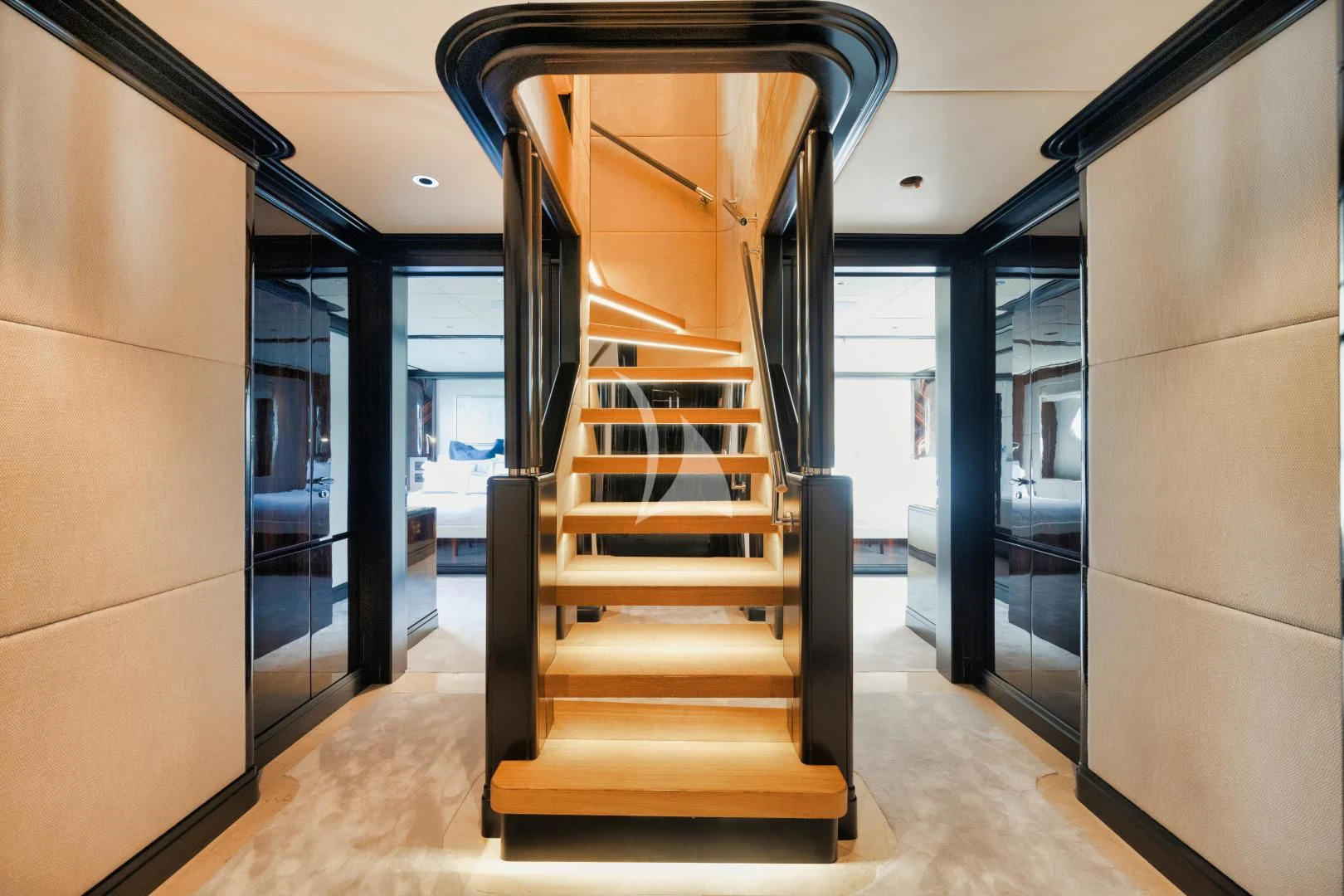 a staircase in a building aboard PERSISTENCE Yacht for Sale