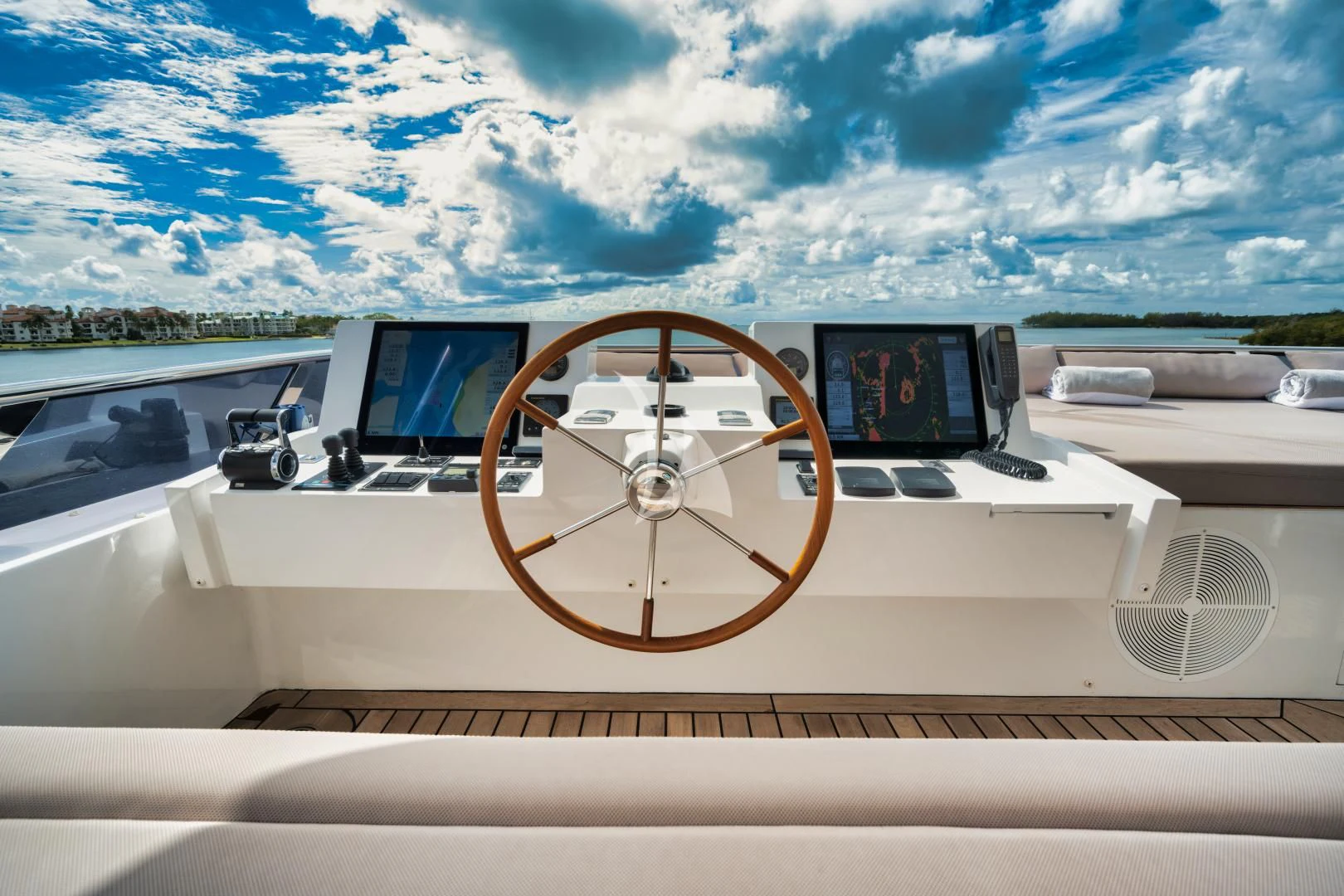 a steering wheel on a boat aboard PERSISTENCE Yacht for Sale