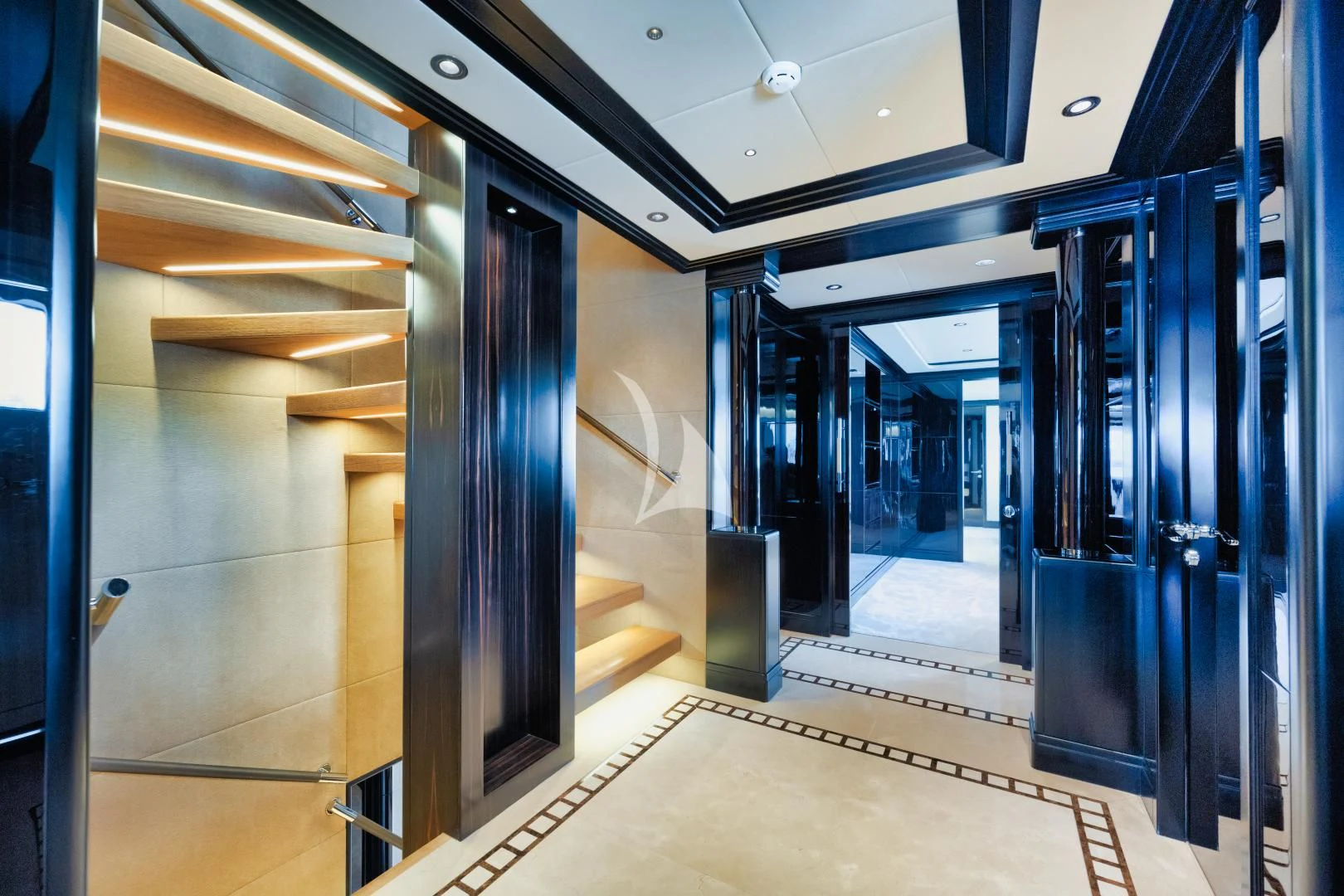 a room with several doors aboard PERSISTENCE Yacht for Sale