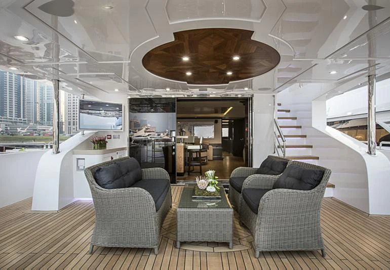 a modern looking living room aboard PERSISTENCE Yacht for Sale