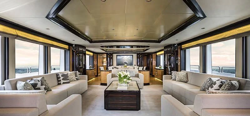 a living room with a large window aboard PERSISTENCE Yacht for Sale
