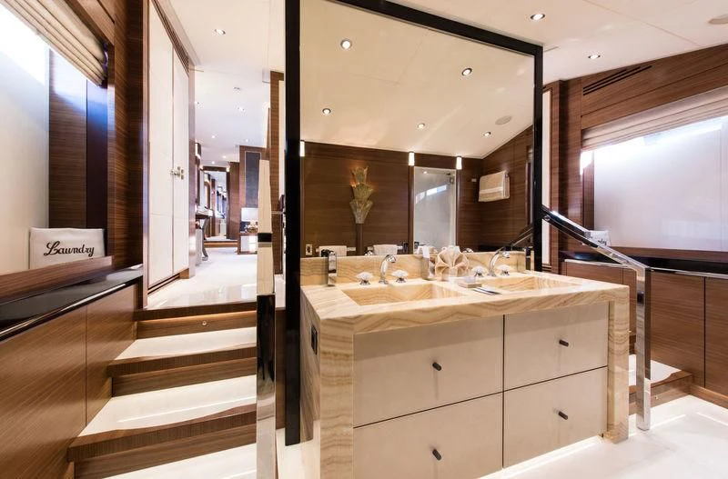 a bathroom with a large mirror aboard SILVER WIND Yacht for Charter