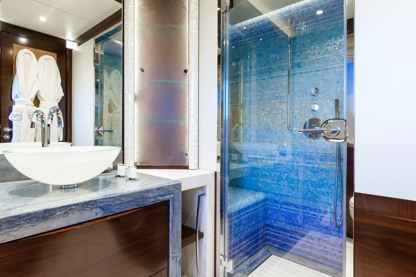 a bathroom with a glass shower aboard SILVER WIND Yacht for Charter