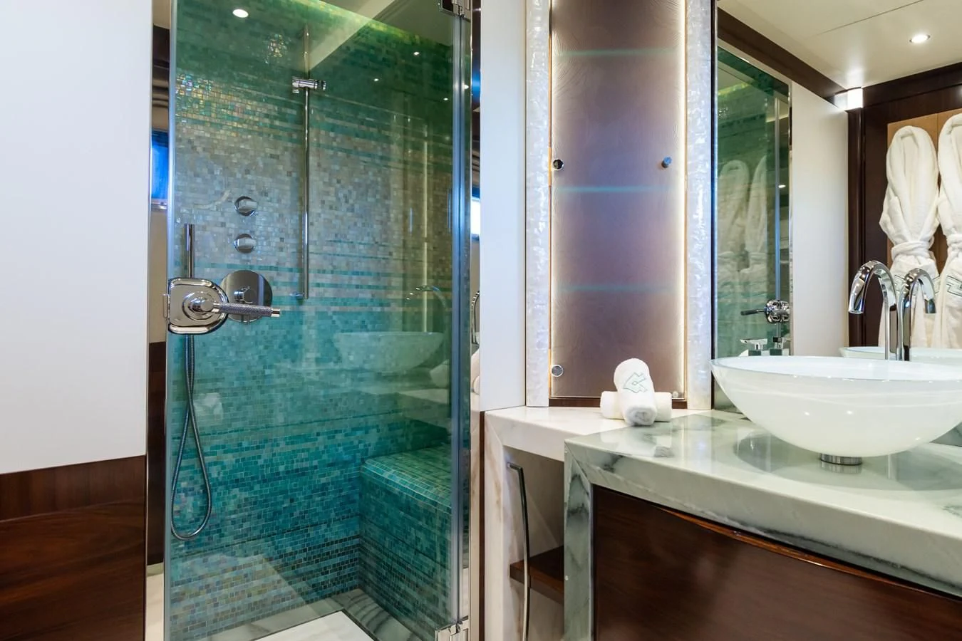 a bathroom with a glass shower aboard SILVER WIND Yacht for Charter