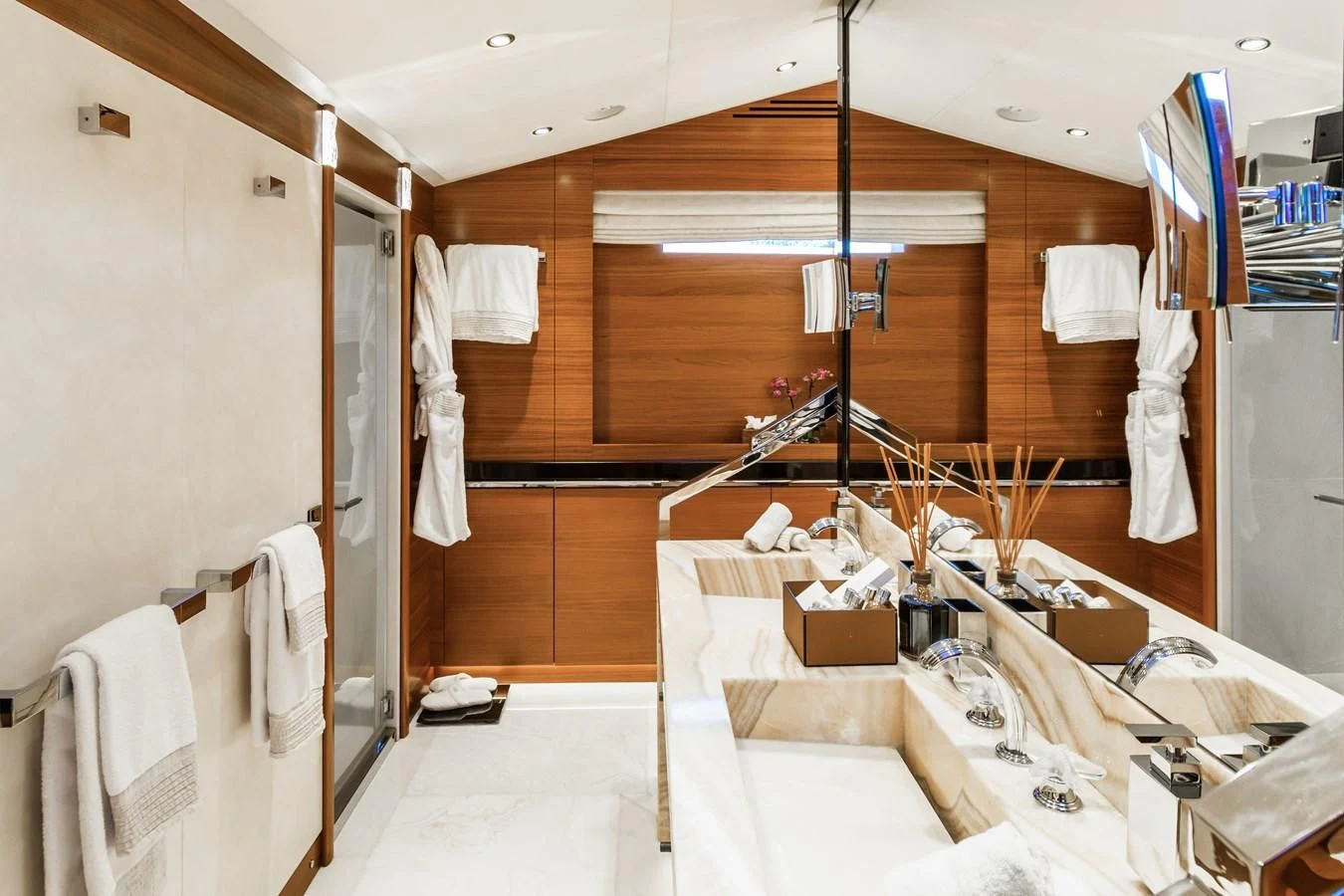 a bathroom with a large mirror aboard SILVER WIND Yacht for Charter