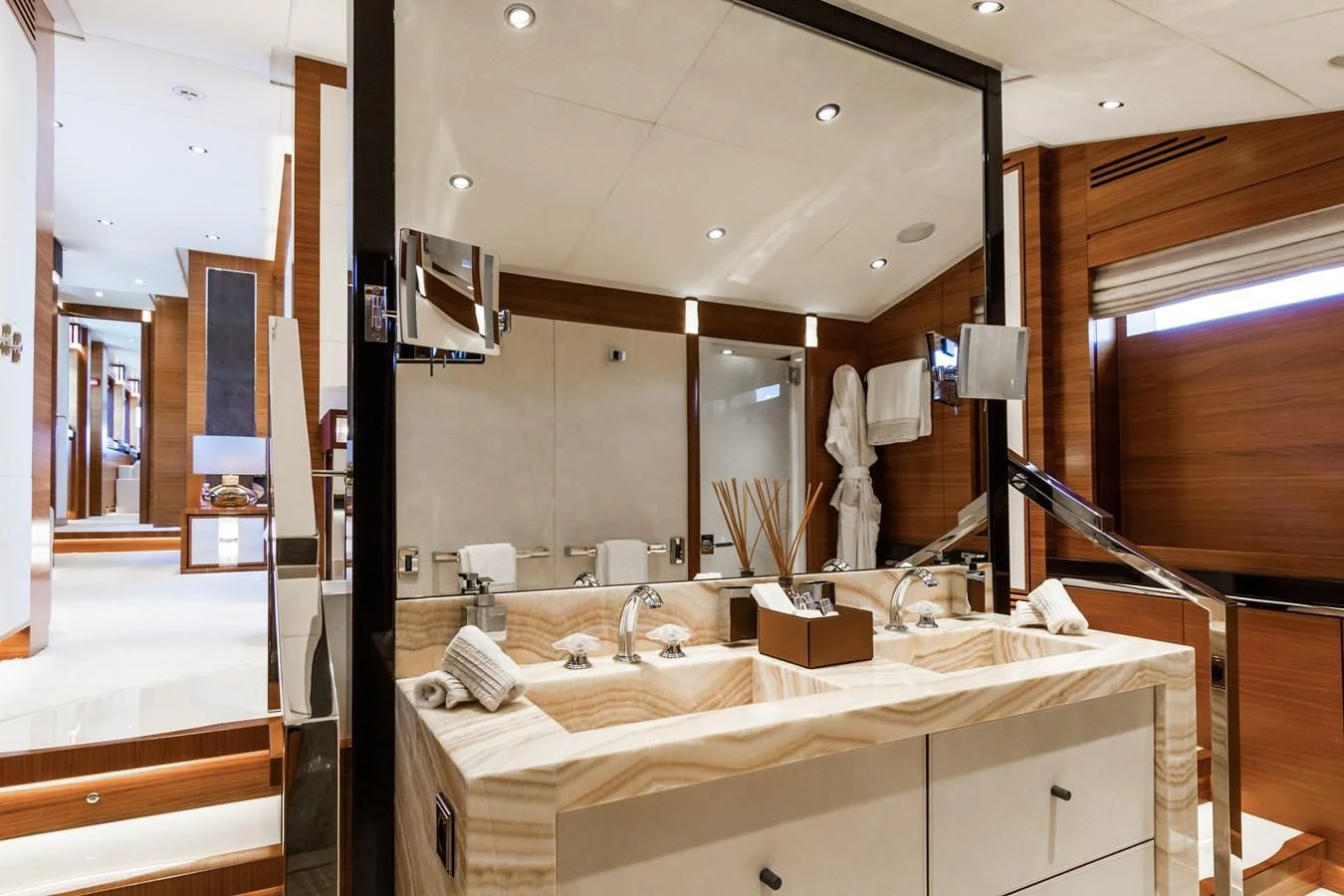 a bathroom with a large mirror aboard SILVER WIND Yacht for Charter