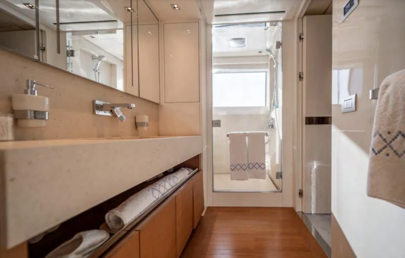 a bathroom with a large countertop aboard BLUES Yacht for Sale