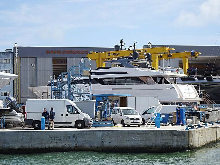 a boat docked at a port aboard BLUES Yacht for Sale