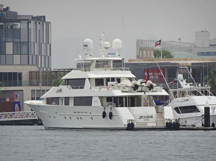 a large white boat in the water aboard SHAWAF DUBAI Yacht for Sale