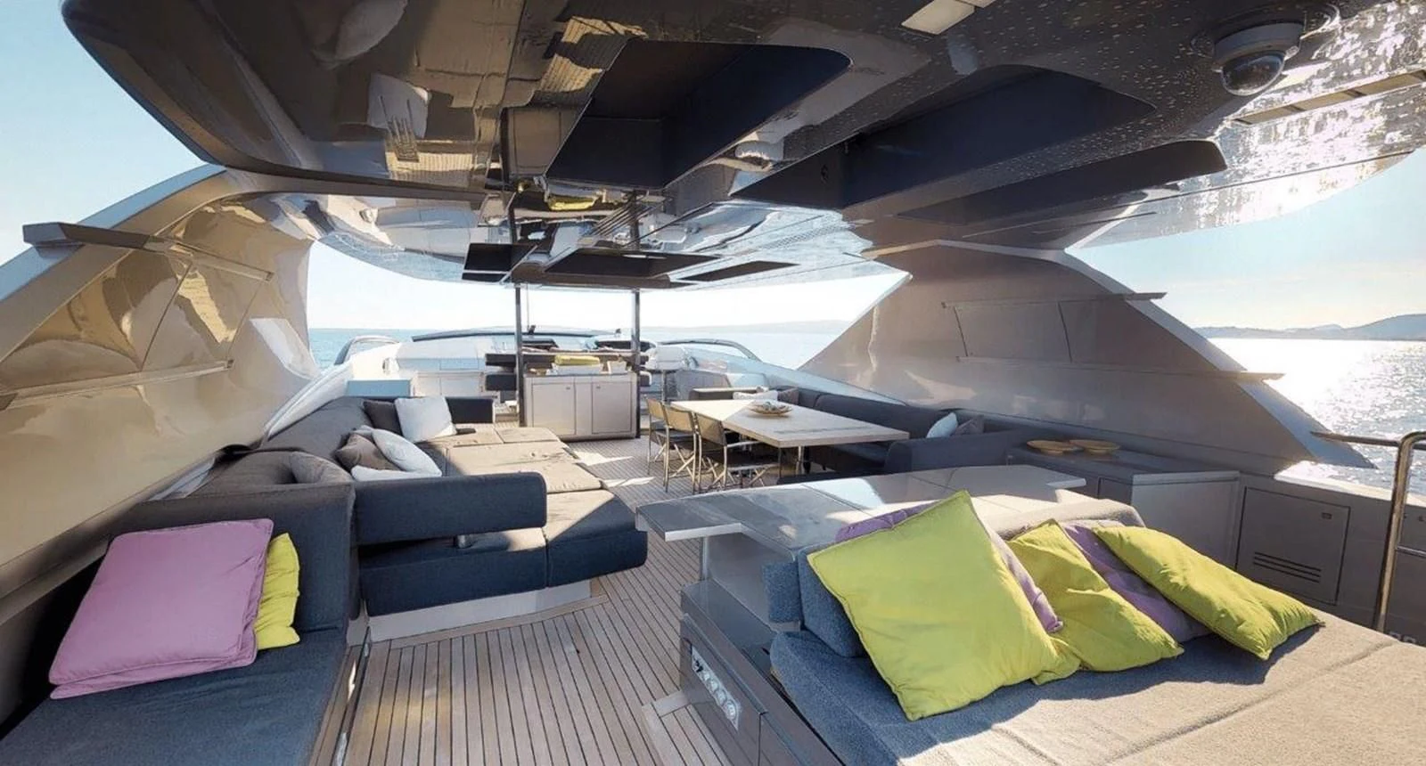 inside a tent with a bed and a table aboard FUSION Yacht for Charter
