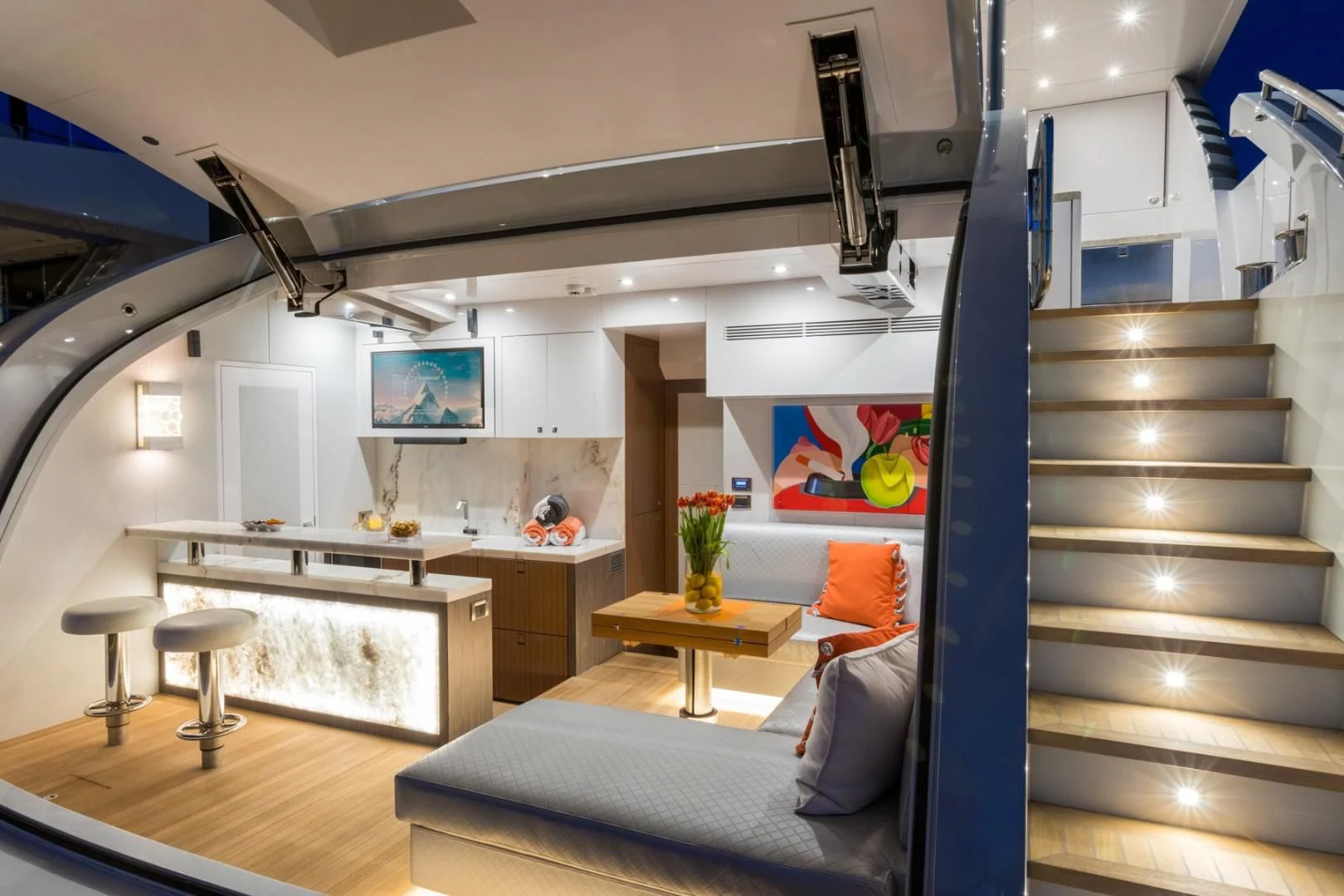 a modern looking living room aboard GG Yacht for Sale